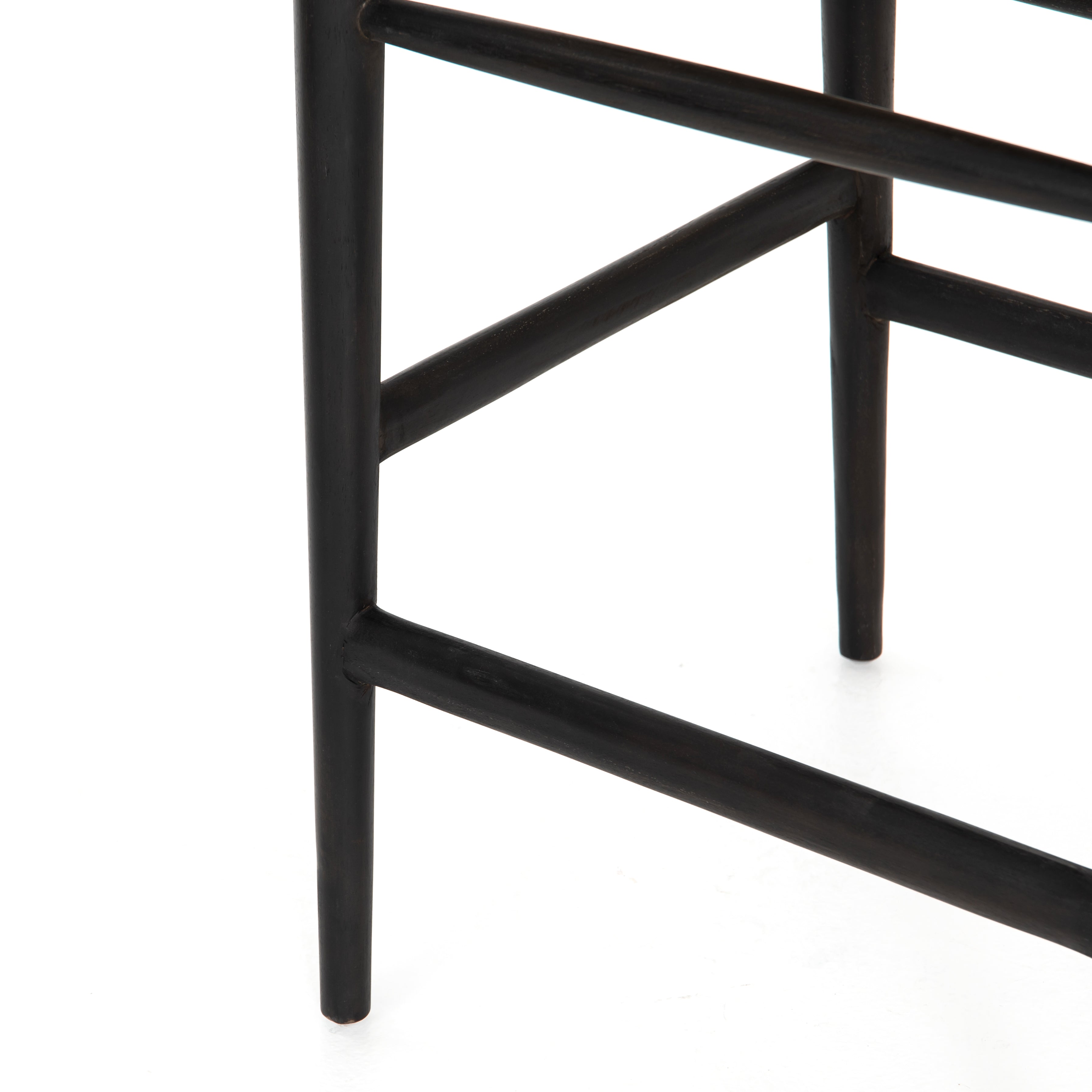 Modern curves redefine the classic wishbone-style counter stool. Vintage white all-weather wicker is woven for a dose of fresh texture within weathered grey teak framing. Cover or store indoors during inclement weather and when not in use.  Pictured in Black Teak. Also available in Weathered Grey and Matte Sealed Teak.  Overall Size: 21.50"w x 22.50"d x 38.50"h Seat Depth: 18.25" Seat Height: 26.50"