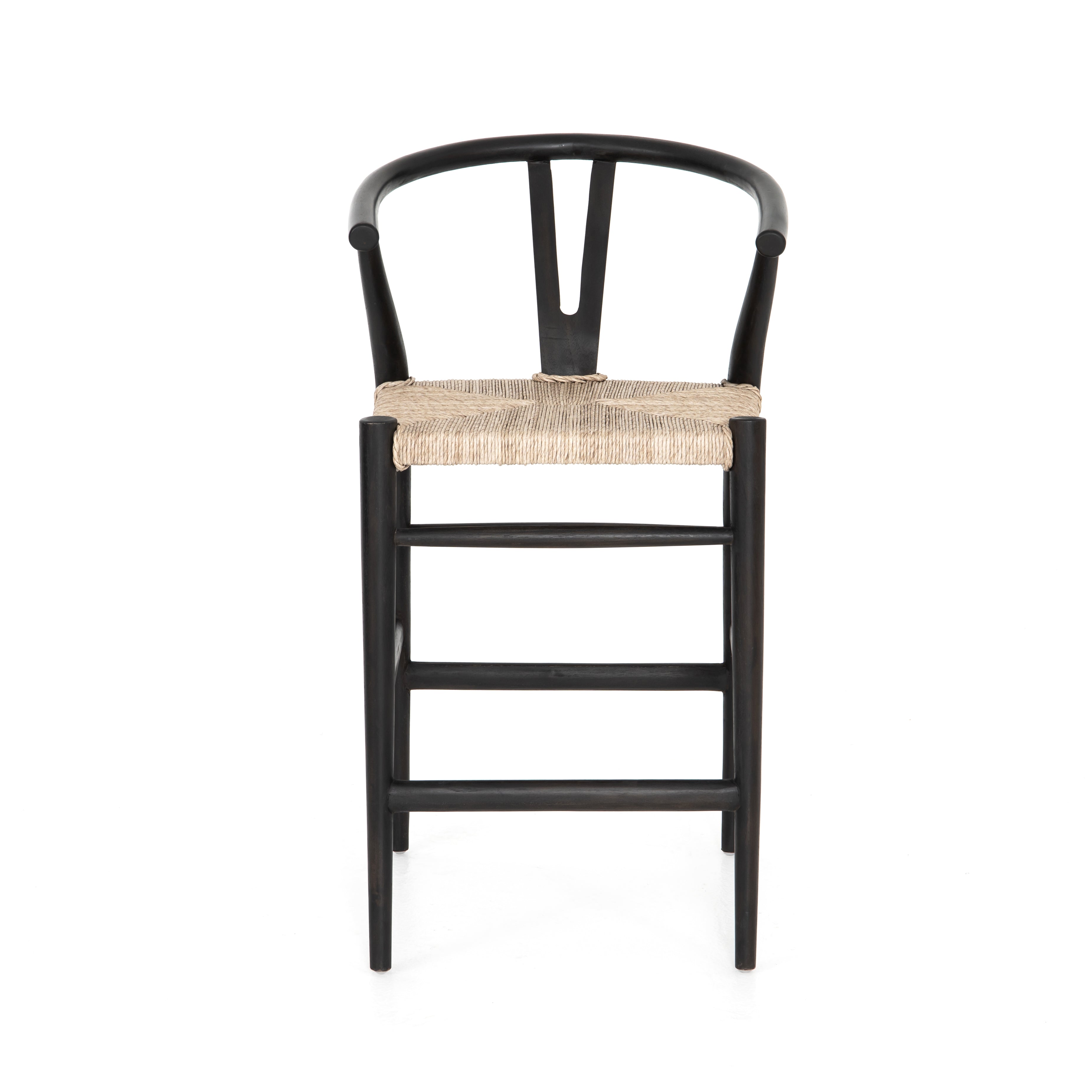 Modern curves redefine the classic wishbone-style counter stool. Vintage white all-weather wicker is woven for a dose of fresh texture within weathered grey teak framing. Cover or store indoors during inclement weather and when not in use.  Pictured in Black Teak. Also available in Weathered Grey and Matte Sealed Teak.  Overall Size: 21.50"w x 22.50"d x 38.50"h Seat Depth: 18.25" Seat Height: 26.50"