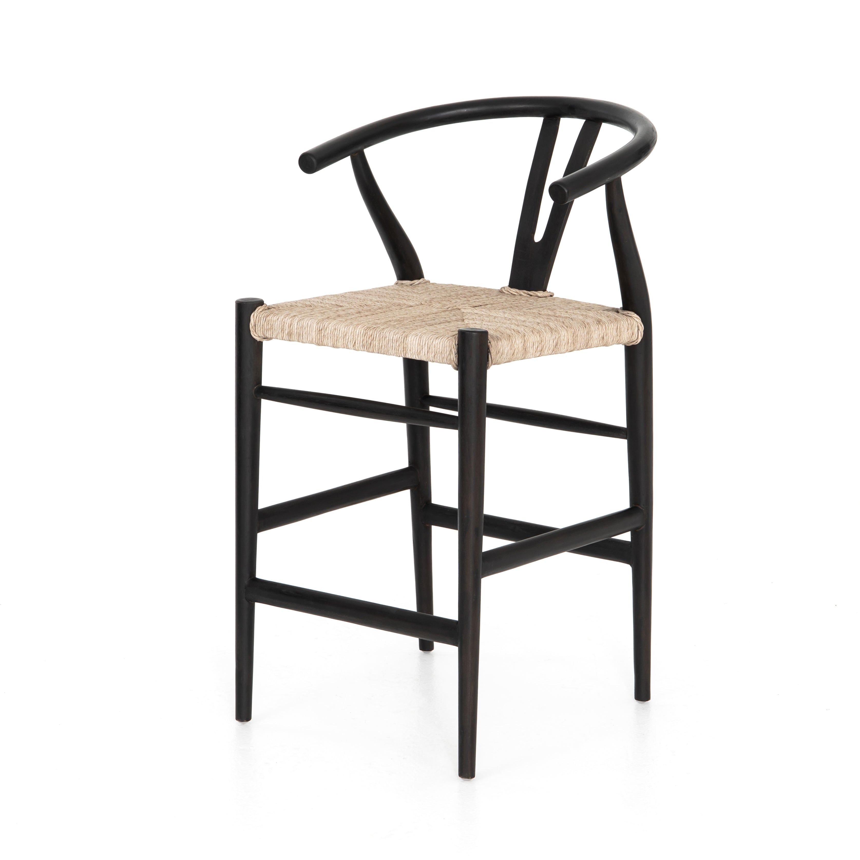 Featuring Muestra Counter + Bar Stool - Black Teak by Four Hands at Amethyst Home. Modern curves redefine the classic wishbone-style of this Muestra Black Teak Counter + Bar Stool. Vintage white all-weather wicker is woven for a dose of fresh texture within weathered grey teak framing. Cover or store indoors during inclement weather and when not in use.
Co.  Amethyst Home provides interior design, new home construction design consulting, vintage area rugs, and lighting in the Calabasas metro area.