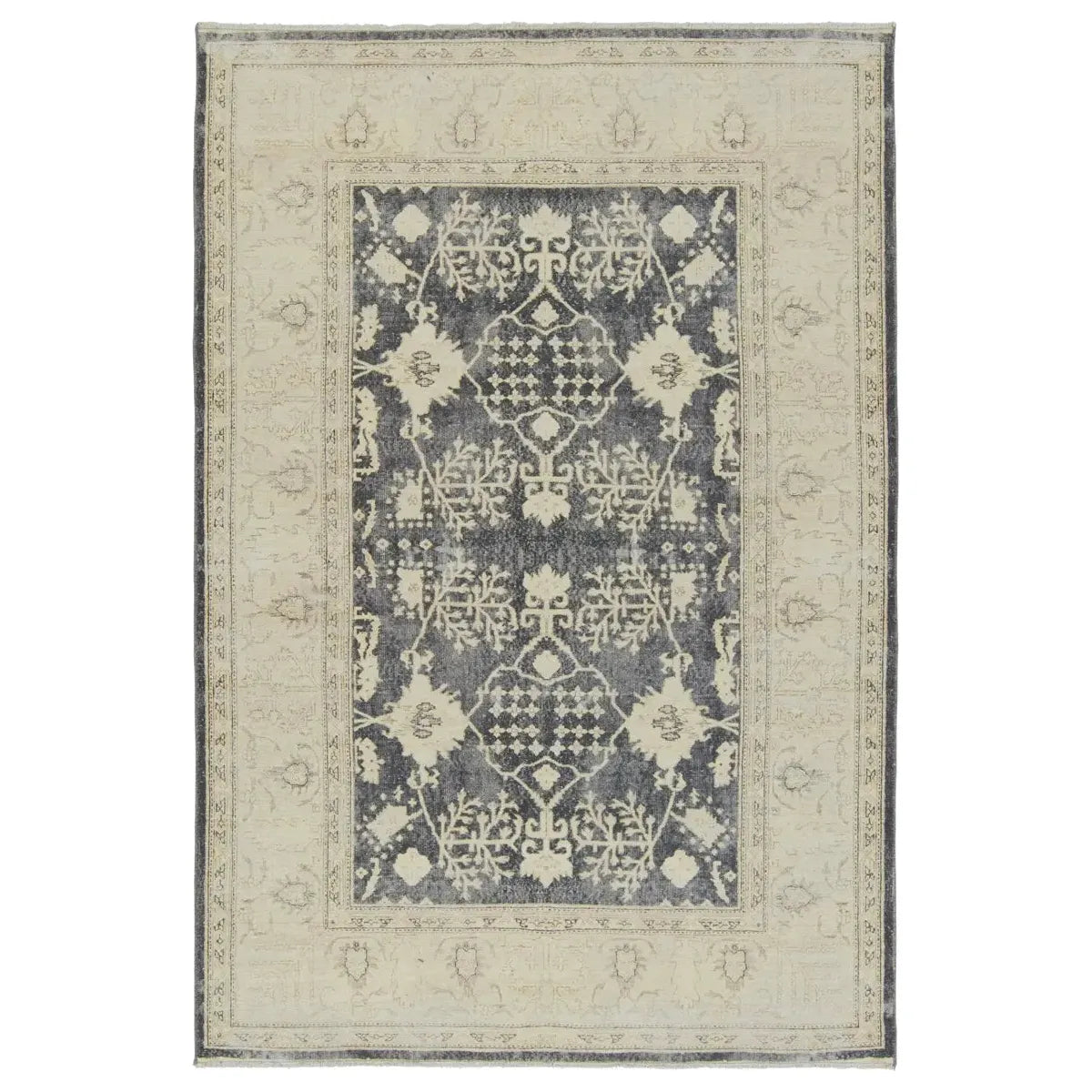 The Boheme Pia Rug brings vintage inspiration to life with ornate, worldly designs and a timeless distress effect. The Pia area rug boasts a Persian-inspired center medallion, short fringe and detail-rich border in a navy, cream, gray, and pastel green colorway. Amethyst Home provides interior design services, furniture, rugs, and lighting in the Dallas metro area.