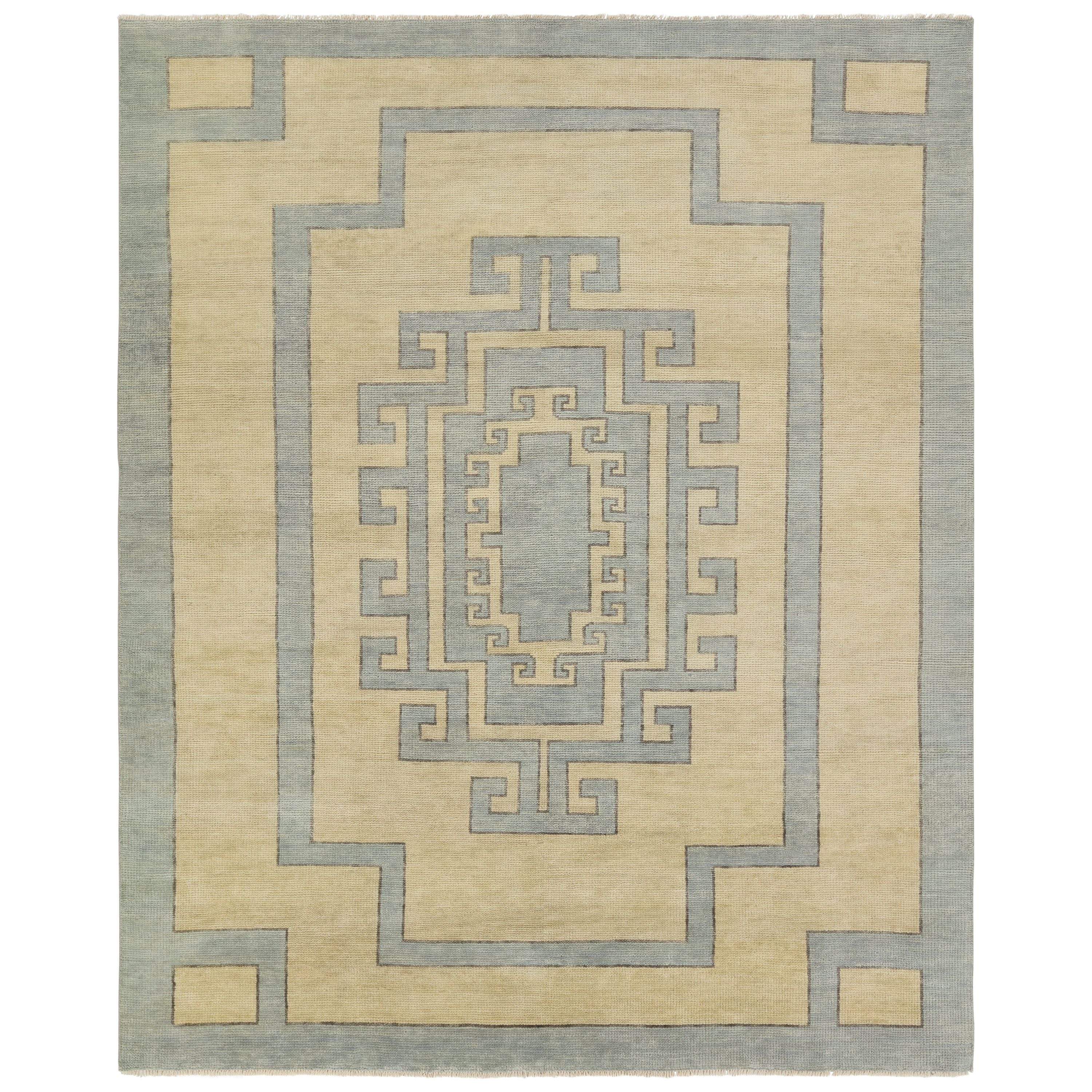 The hand-knotted Cyprus collection showcases a modern representation of vintage Kars designs with clean-lined geometric details and fresh colorways. The blue, cream, gray, and caramel colored Nicosia design delights with a minimalistic medallion pattern and multiple borders. Low pile and naturally stain resistant fibers allow for easy care and cleanup. Amethyst Home provides interior design, new construction, custom furniture, and area rugs in the Nashville metro area.