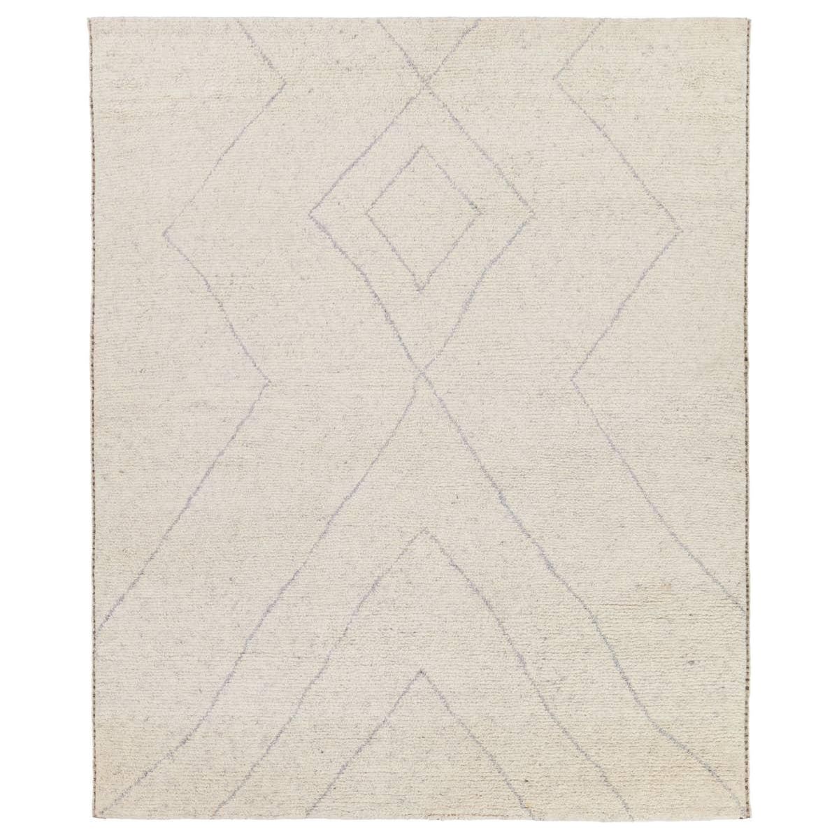 Rich in detail and plush underfoot, the Indira Laverna is made up of neutral-toned modern Moroccan styles. The Laverna area rug features a slight sheen and luxurious hand-knotted construction of natural wool and viscose. A light trellis design provides geometric interest in a silver-blue hue on a soft ivory backdrop. Amethyst Home provides interior design, new home construction design consulting, vintage area rugs, and lighting in the Austin metro area.