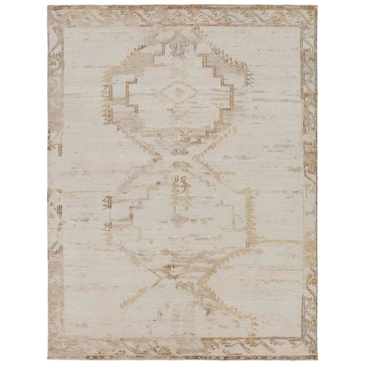 The hand-knotted Jinsen collection features a fresh incarnation of the vintage Turkish textile look. Classic in pattern and modern in color, the Alamo rug boasts a beautiful palette of cream, beige, gold, and brown, featuring distinct dye-lot details and subtle fringe. Amethyst Home provides interior design, new home construction design consulting, vintage area rugs, and lighting in the Charlotte metro area.