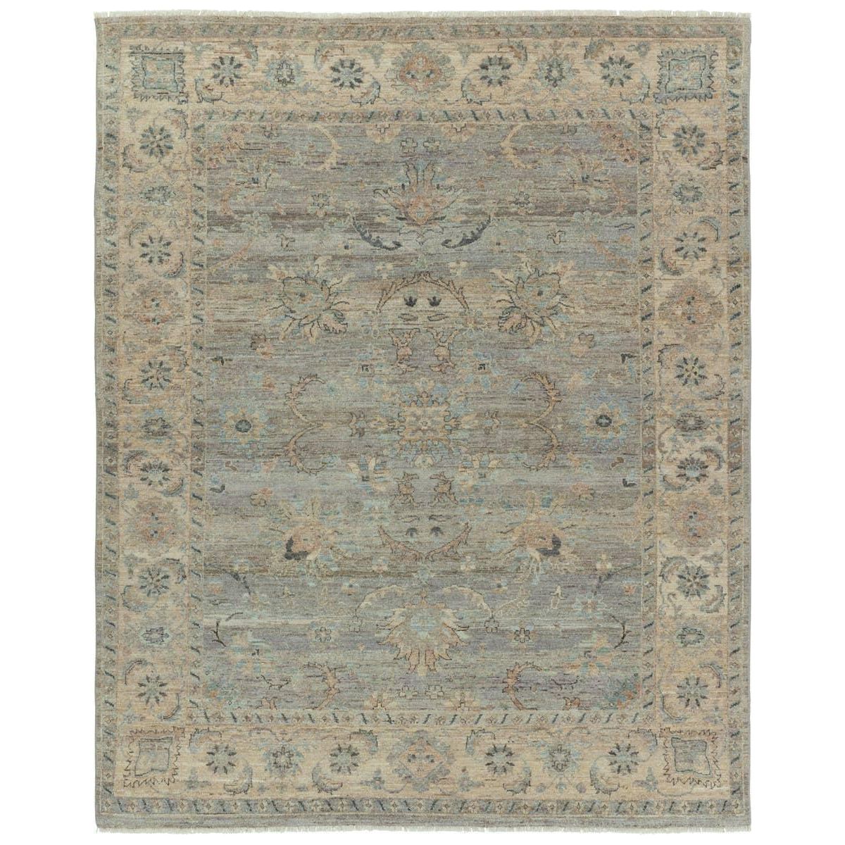 The Orenda Titania features heirloom-quality designs of muted and uniquely updated Old World patterns. The Titania area rug boasts a beautiful medallion motif with floral details. The tan, blue, taupe, gray, and cream tones are grounding and neutral, perfect for providing an inviting and serene accent in any space. Amethyst Home provides interior design, new home construction design consulting, vintage area rugs, and lighting in the Nashville metro area.