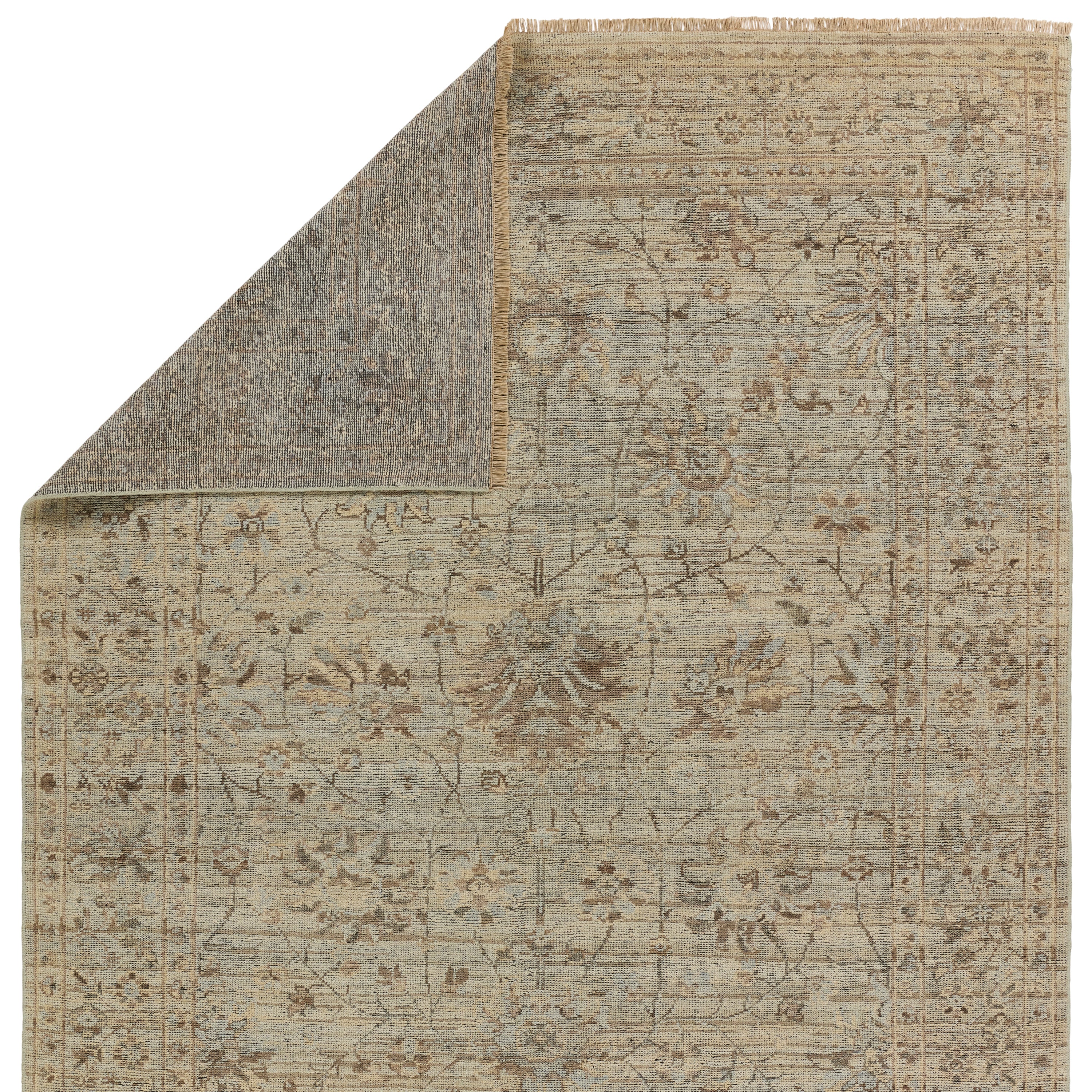 Featuring Rhapsody Tilda Hand-Knotted Rug by Jaipur Living at Amethyst Home. The Rhapsody collection features heirloom-quality designs of stunningly abrashed Old World patterns. The Tilda area rug boasts a beautifully washed floral motif with a decorative border. The green tones are accented with tan and gray hues for added depth and intrigue. This durable wool handknot anchors. Amethyst Home provides interior design, new construction, custom furniture, and area rugs in the Kansas City metro area.