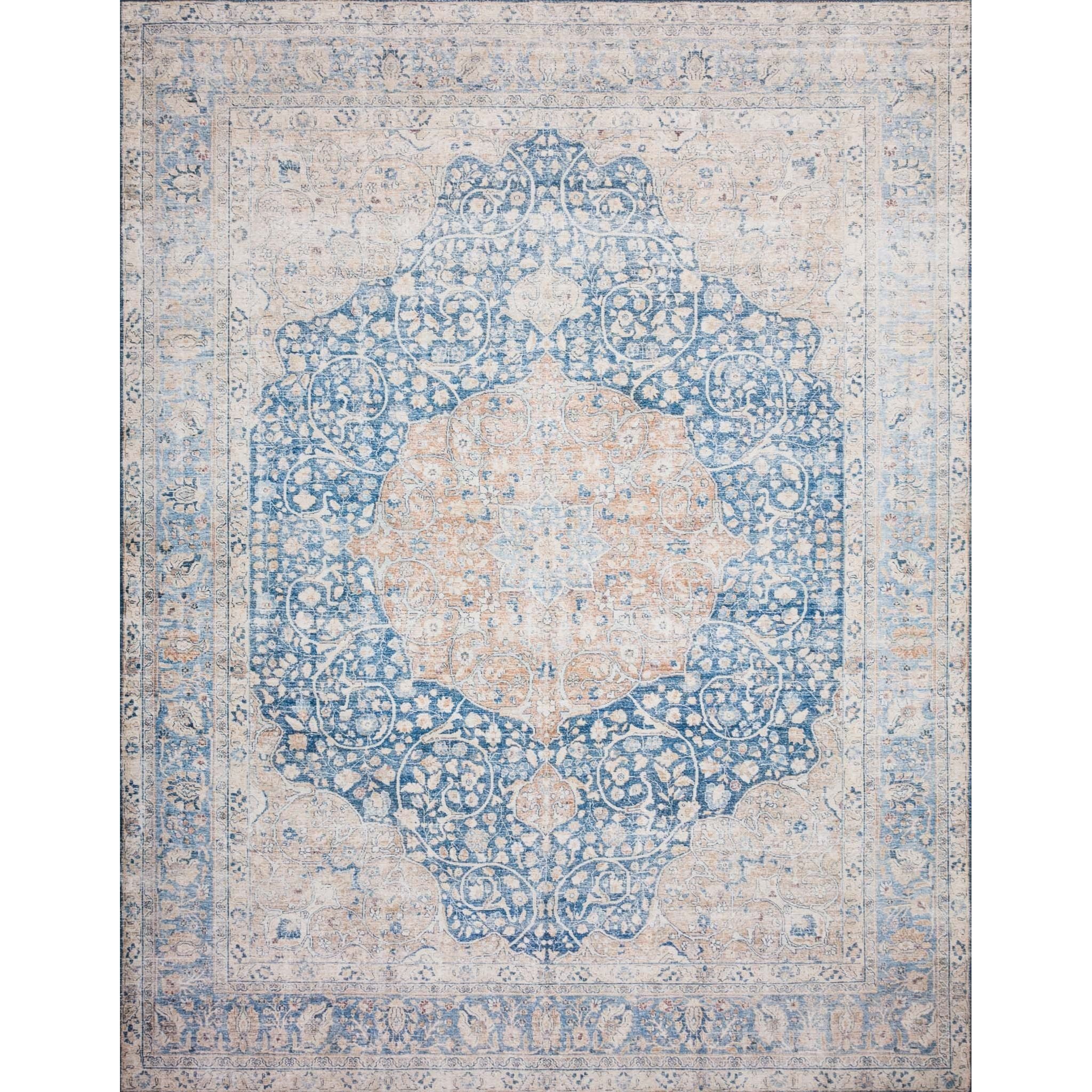 Layla Blue/Tangerine Rug - Amethyst Home The Layla Collection is traditional and timeless, with a beautiful lived-in design that captures the spirit of an old-world rug. This traditional power-loomed rug is crafted of 100% polyester with a classic and sophisticated color palette and subtle patina.