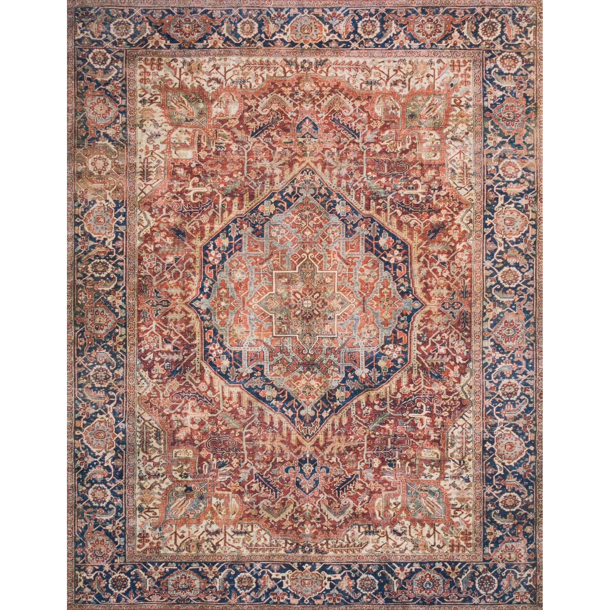 The Layla rug collection from Loloi is traditional and timeless, with a beautiful lived-in design in the spirit of an old-world rug. The Layla Red/Navy area rug is power-loomed of 100% polyester for heavy foot traffic. The rug is a classic with a sophisticated and subtle patina in red, navy, blue, and ivory.