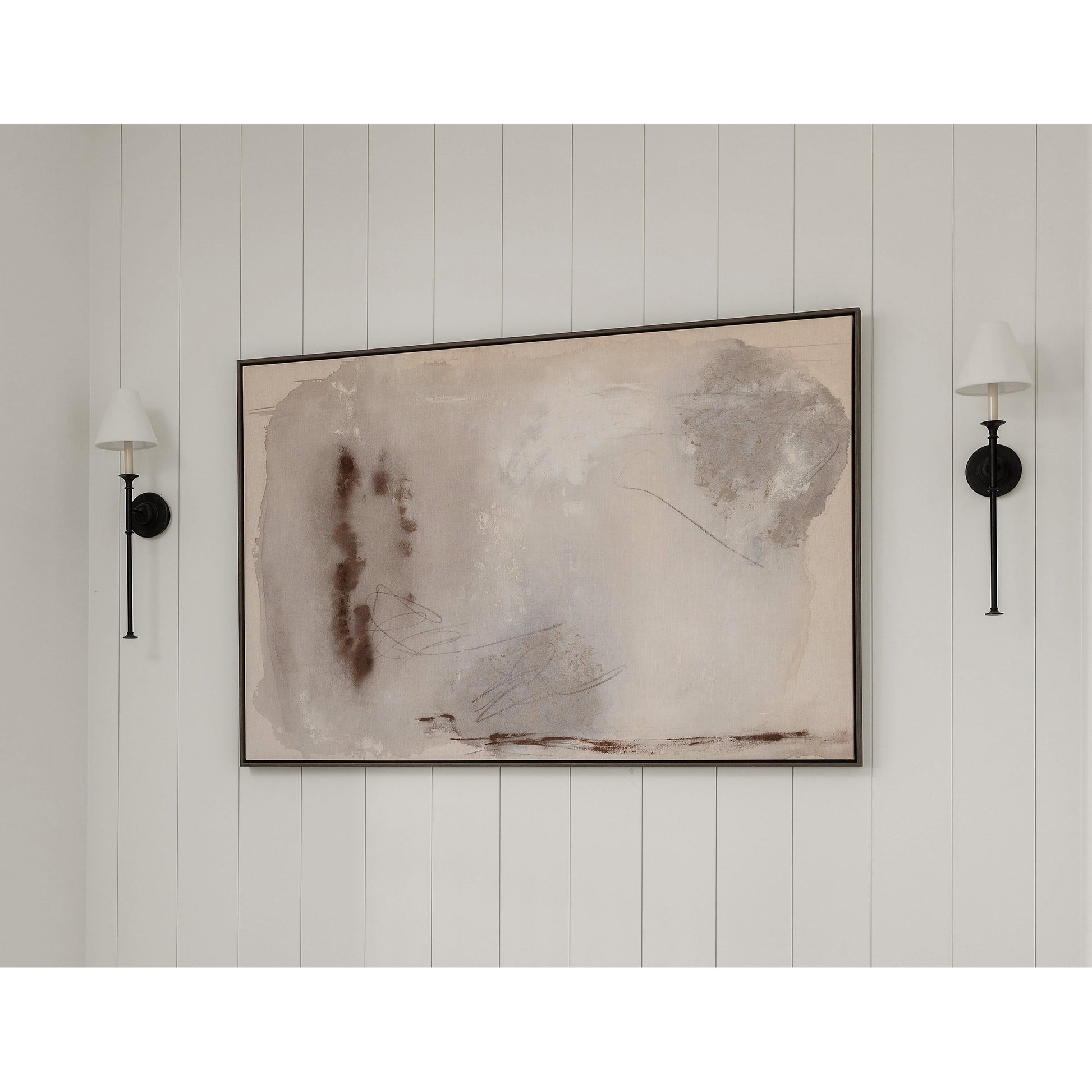 Introducing Just I, a stunning art piece that strikes the perfect balance between cream and grey. The vertical shiplap or tongue and groove walls, along with the Sherwin Williams Library Pewter or Pure White finishes, make it an excellent choice for California farmhouse, cottage, or modern coastal home design. Whether it's for your kitchen, living room, entry, foyer, office, or bedroom, it adds a touch of elegance to your space. Perfect for those seeking California, Utah, or Nashville home design.