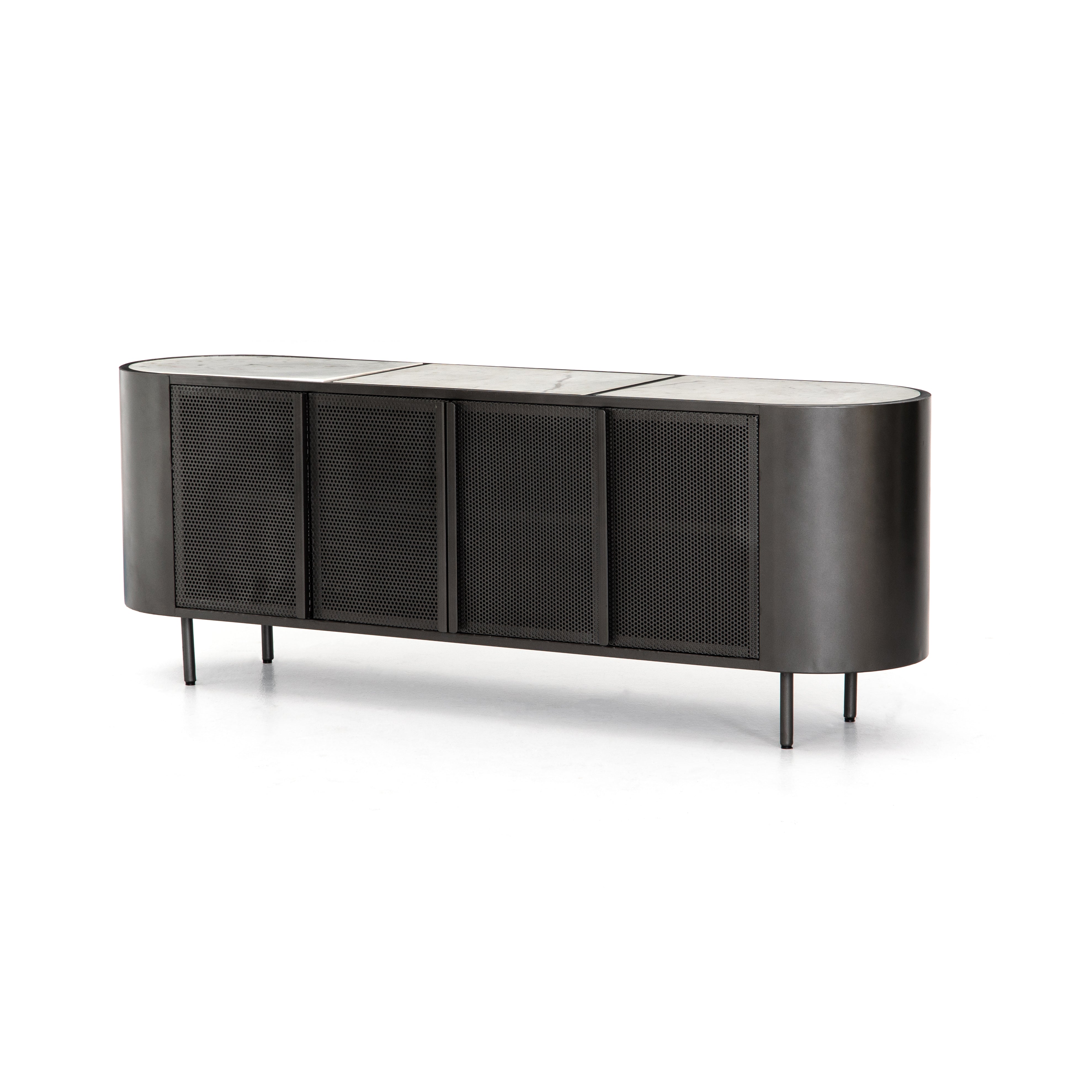 The Libby Media Console is sleek and practical, with it's black finish and polished white triptych-style marble top.  Size: 72"w x 17"d x 26"h Materials: Iron, Iron, Marble