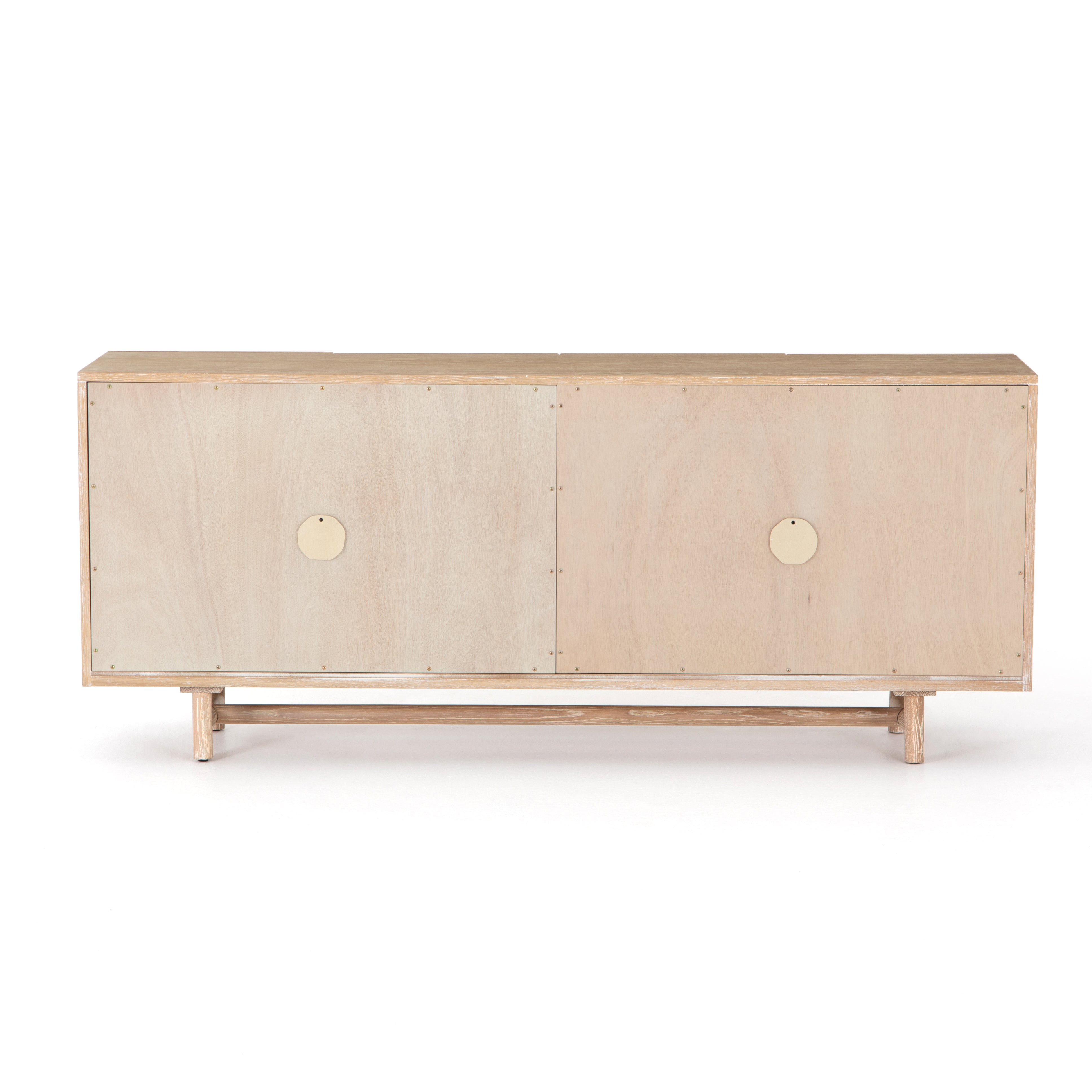 We love the grained matte finish on this Mika Washed Oak Veneer Dining Sideboard. The shelves make this the perfect sideboard for a functional, modernly attractive piece to add to your dining room  Size:  72.00"w x 16.00"d x 30.00"h Materials: Oak Veneer