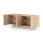 We love the grained matte finish on this Mika Washed Oak Veneer Dining Sideboard. The shelves make this the perfect sideboard for a functional, modernly attractive piece to add to your dining room  Size:  72.00"w x 16.00"d x 30.00"h Materials: Oak Veneer