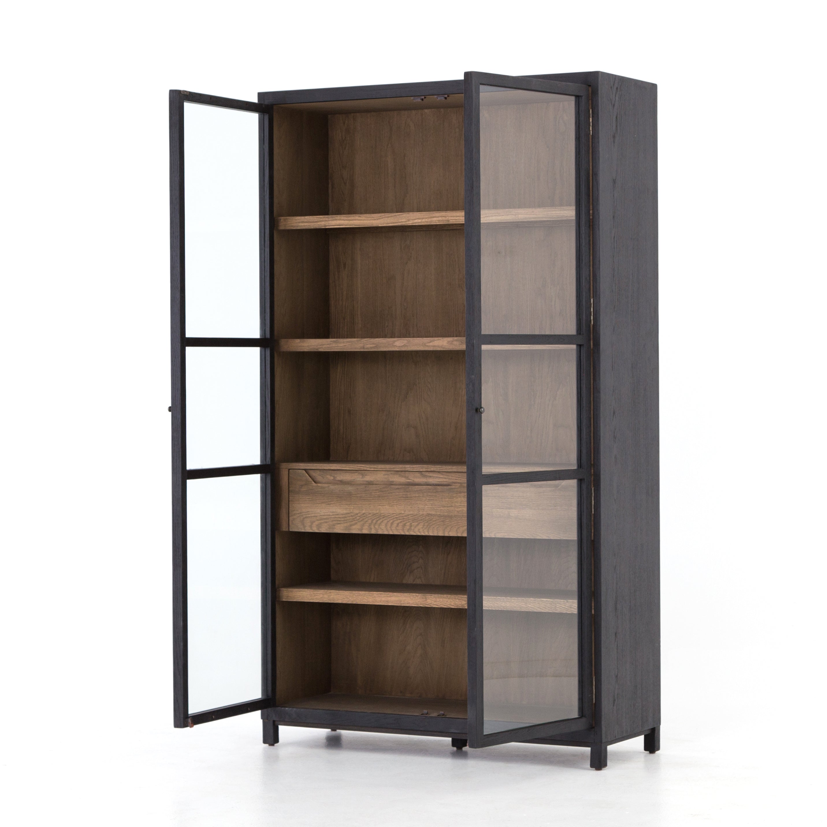 The Millie Drifted Black/Oak Cabinet has shelves and interior drawers, making this a functional and beautiful piece to showcase your favorite China set or stow away your polished silverware.   Overall Dimensions: 47.50"w x 18.00"d x 83.00"h Materials: Oak