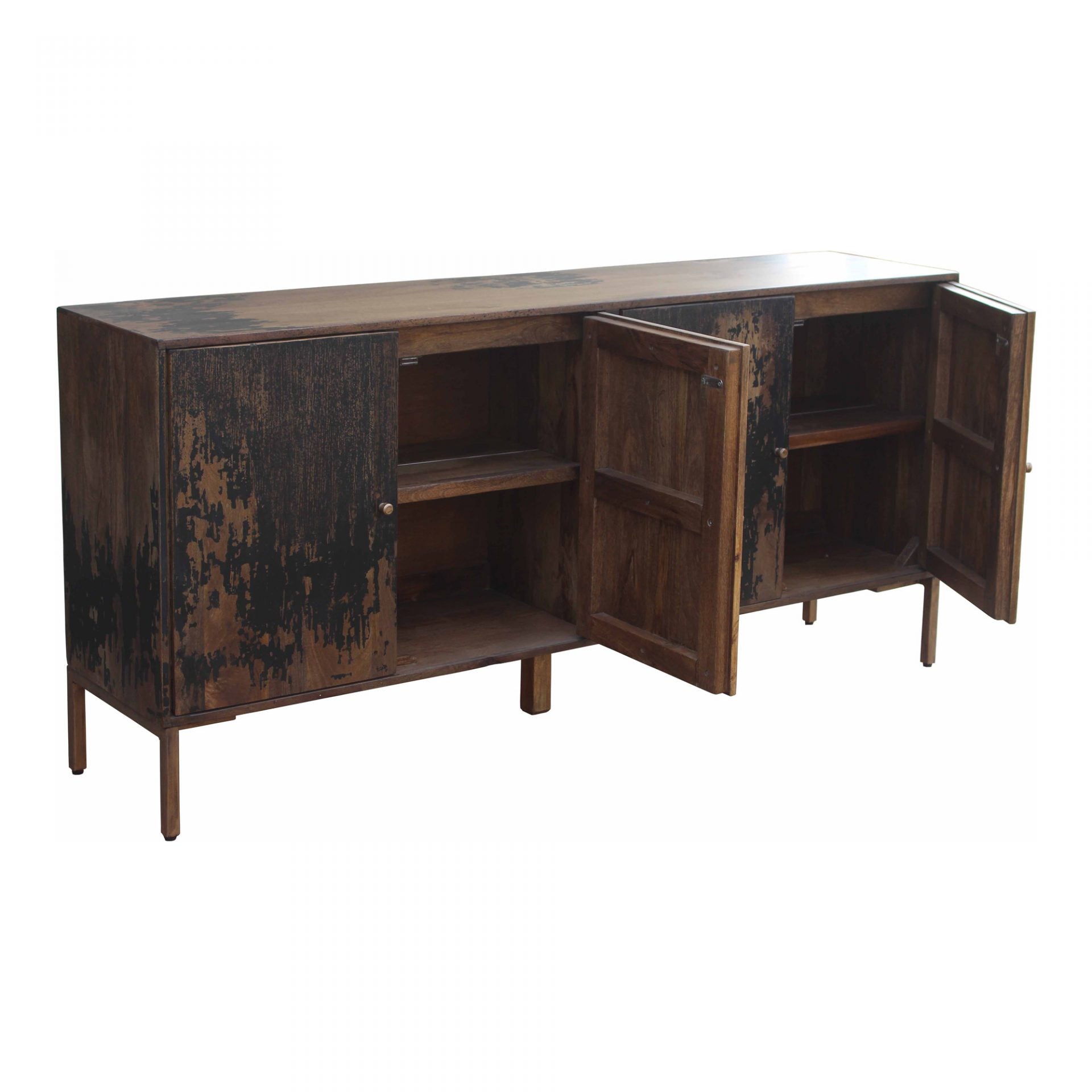 The rustic look to this Artists Sideboard is extremely versatile, fitting both the industrial and farmhouse aesthetics. The golden knobs open to shelves, perfect for those families needing extra storage.   Size: 71"W x 16"D x 33.5"H Material: Solid Mango, Iron Legs