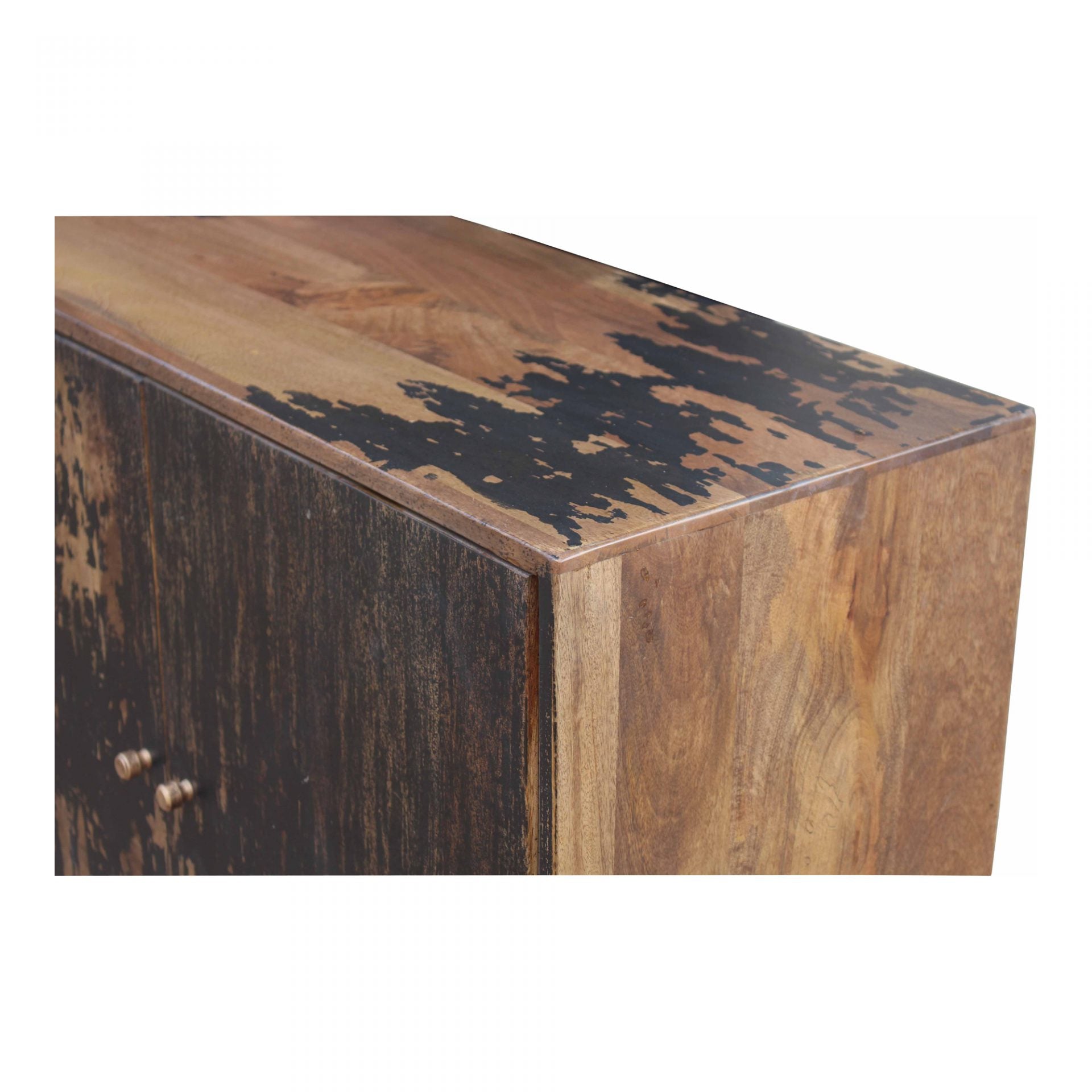 The rustic look to this Artists Sideboard is extremely versatile, fitting both the industrial and farmhouse aesthetics. The golden knobs open to shelves, perfect for those families needing extra storage.   Size: 71"W x 16"D x 33.5"H Material: Solid Mango, Iron Legs