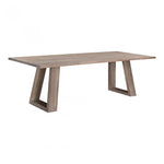 The airy base of this Tanya Dining Table brings a modern look to a classic dining table. Made of Acacia wood and sitting up to 8 people, this is a great piece for families wanting to add natural elements to their dining room  Size: 98"W x 40"D x 30"H Materials: Solid Acacia