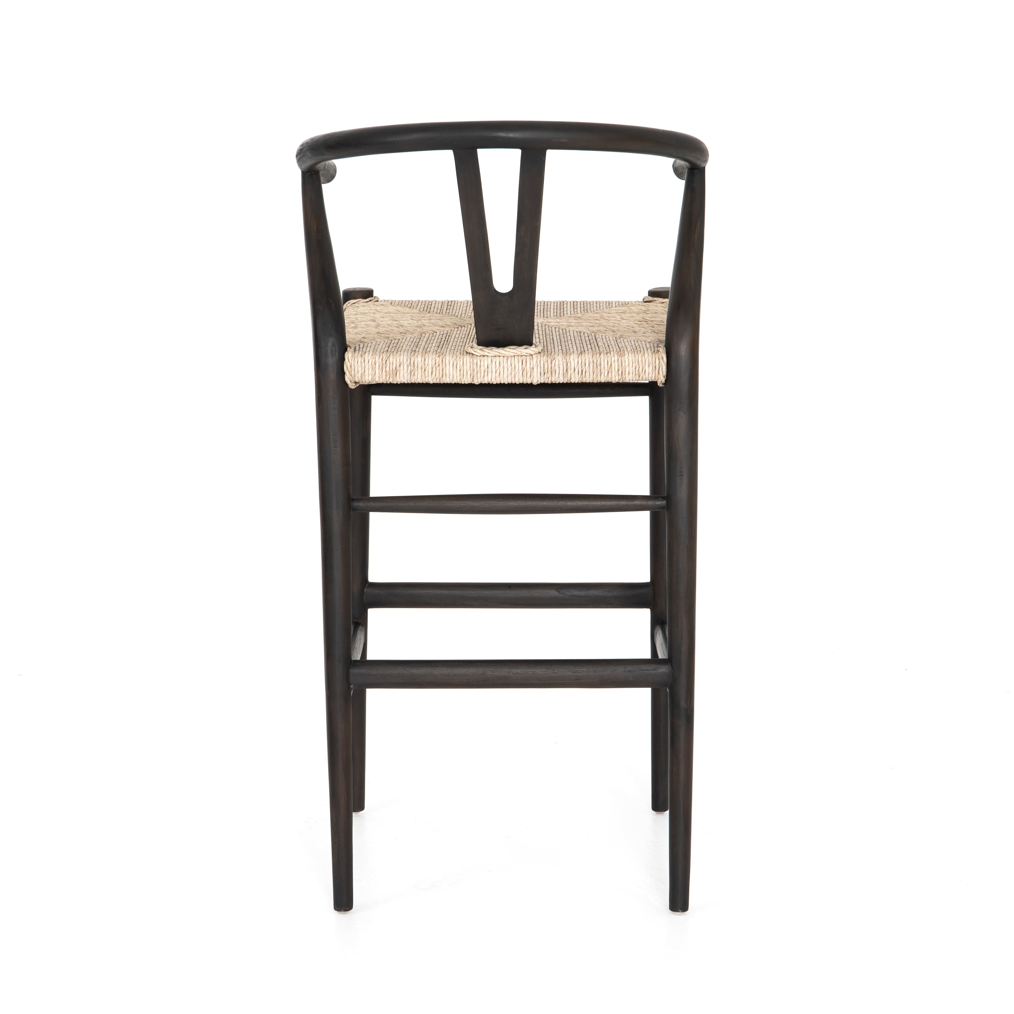 Modern curves redefine the classic wishbone-style of this Muestra Black Teak Counter + Bar Stool. Vintage white all-weather wicker is woven for a dose of fresh texture within weathered grey teak framing. Cover or store indoors during inclement weather and when not in use. Amethyst Home provides interior design, new home construction design consulting, vintage area rugs, and lighting in the Boston metro area.