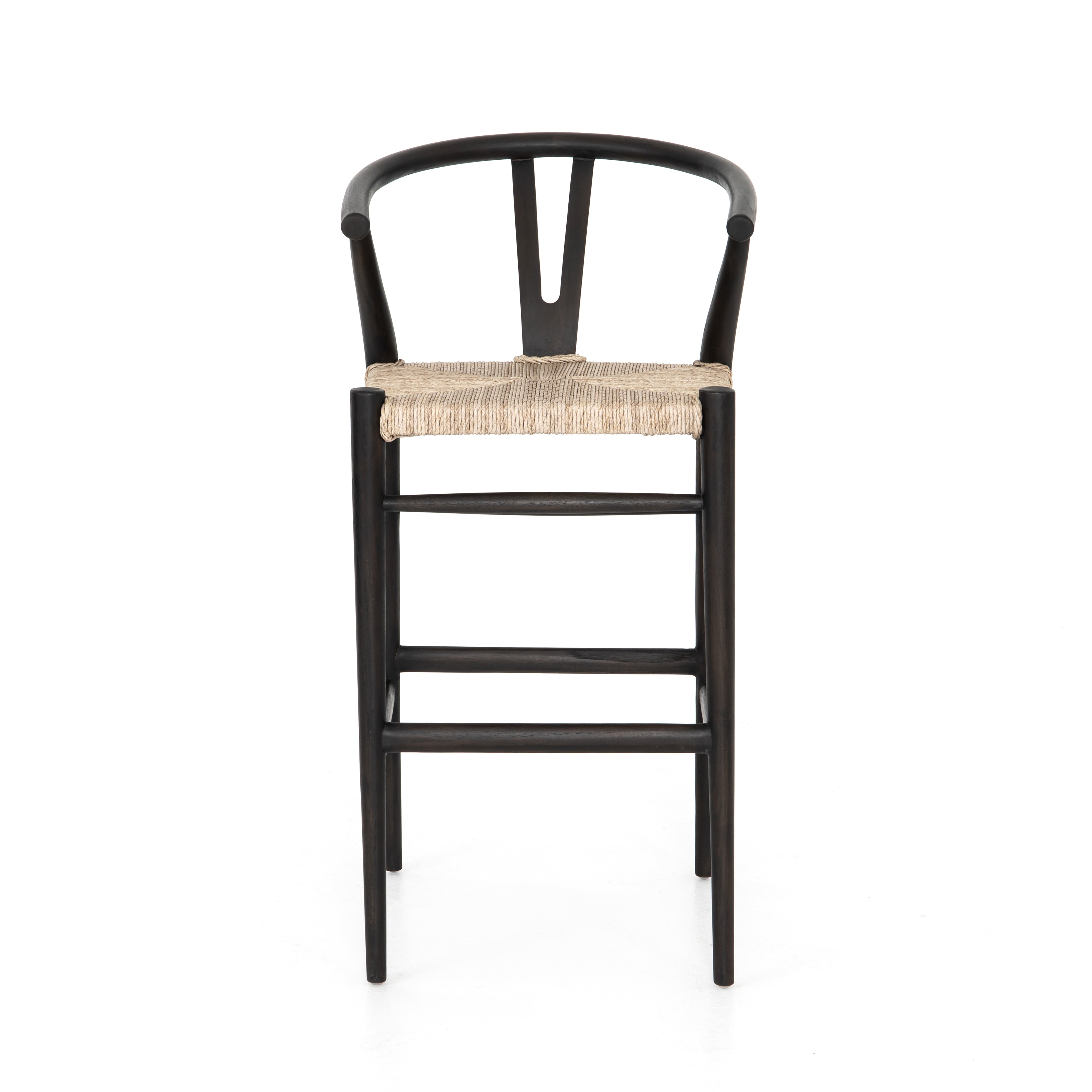 Modern curves redefine the classic wishbone-style of this Muestra Black Teak Counter + Bar Stool. Vintage white all-weather wicker is woven for a dose of fresh texture within weathered grey teak framing. Cover or store indoors during inclement weather and when not in use. Amethyst Home provides interior design, new home construction design consulting, vintage area rugs, and lighting in the Park City metro area.