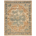 The Rhapsody Cadenza Honey Ginger Rug by Jaipur Living, or RHA02, showcases a distressed center medallion in in orange, blue, and light green on a neutral beige ground. This durable wool hand knotted rug is perfect for the living room, entry way, or other high traffic areas. 