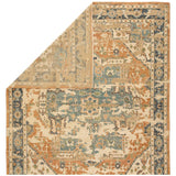 The Rhapsody Cadenza Honey Ginger Rug by Jaipur Living, or RHA02, showcases a distressed center medallion in in orange, blue, and light green on a neutral beige ground. This durable wool hand knotted rug is perfect for the living room, entry way, or other high traffic areas. 