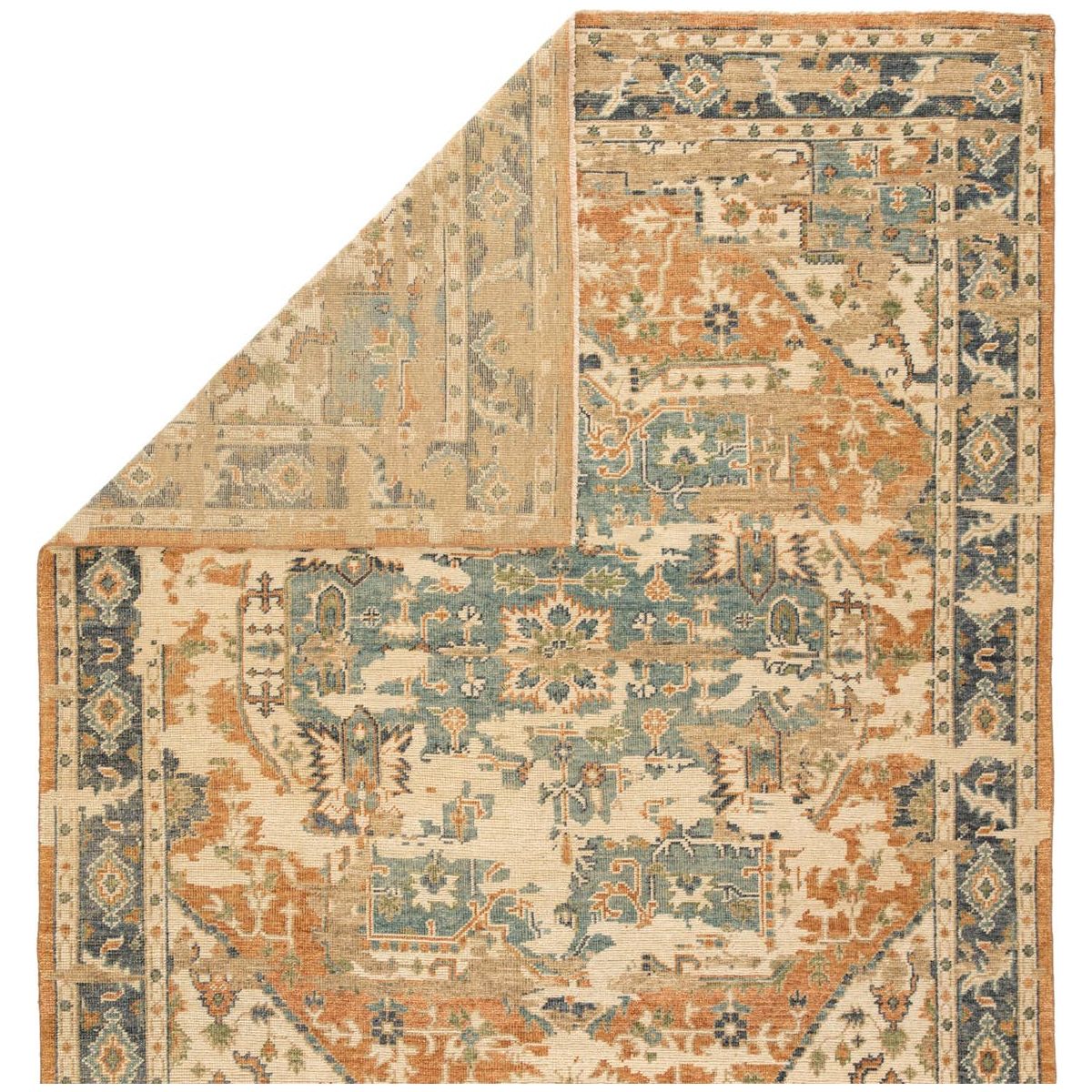 The Rhapsody Cadenza Honey Ginger Rug by Jaipur Living, or RHA02, showcases a distressed center medallion in in orange, blue, and light green on a neutral beige ground. This durable wool hand knotted rug is perfect for the living room, entry way, or other high traffic areas. 