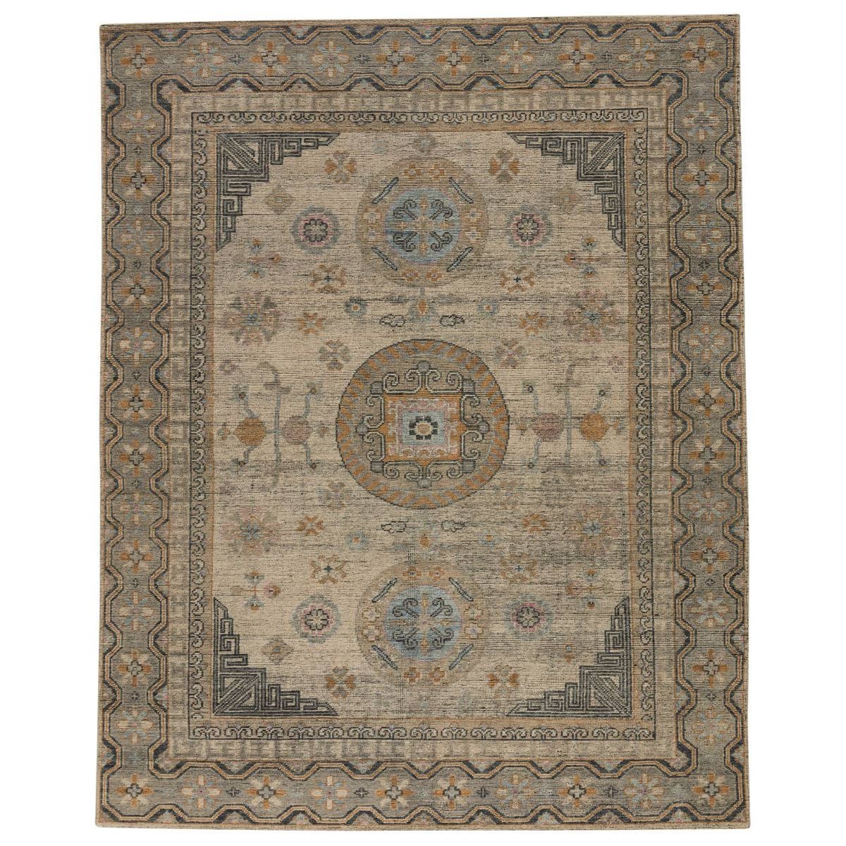 The Rhapsody Delpha Area Rug by Jaipur Living, or RHA05, boasts a beautiful medallion motif with a tile-like, decorative border detail. The light ivory tone is accented with rich green-blue, ochre, and sky blue hues. This durable wool hand knotted rug is perfect for the living room or other high traffic areas. 