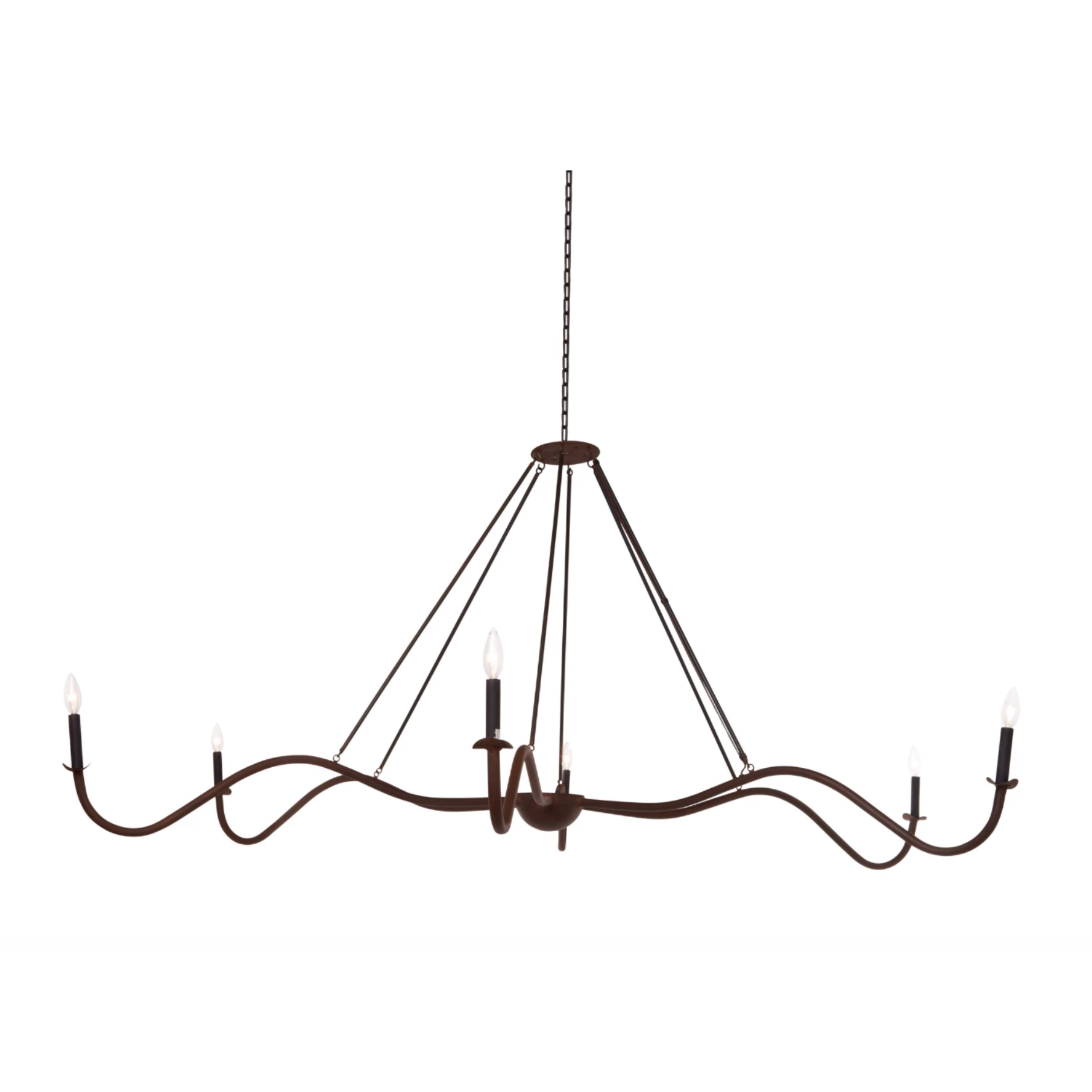 Add unique and modern lighting to a room with this Spider Chandelier from Cisco Brothers. The curved arms add beautiful sight lines to the fixture and plenty of light. This light fixture sets any room apart and comes available in either a "rust" or "flat black" finish in three different sizes.