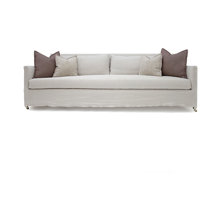 A Verellen best-seller, the Victor Sofa is made with a sustainably harvested hardwood frame and 8-way hand-tied seat construction. Each sofa comes standard with:  • Spring Down Seat Construction • Notch Bottom Back Pillows • Knife Edge Toss • Double Needle • Slipcovered and Upholstered Available • Optional Nail Head Selection Around Base of Upholstery Only • Standard Decorative Nickel Caster with Front Foot Caps