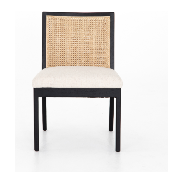 The love the retro style the natural cane of this Antonia Cane Brushed Ebony Armless Dining Chair brings to a dining room.   Size: 22.5"w x 23.5"d x 33"h Materials: 92% Polyester, 8% Li, Nettle Wood, Cane