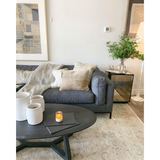 Flexible style, luxurious comfort and family-friendly upholstery. Clean, simple lines and a black iron base keep things casual and chic. Amethyst Home provides interior design, new home construction design consulting, vintage area rugs, and lighting in the Charlotte metro area.