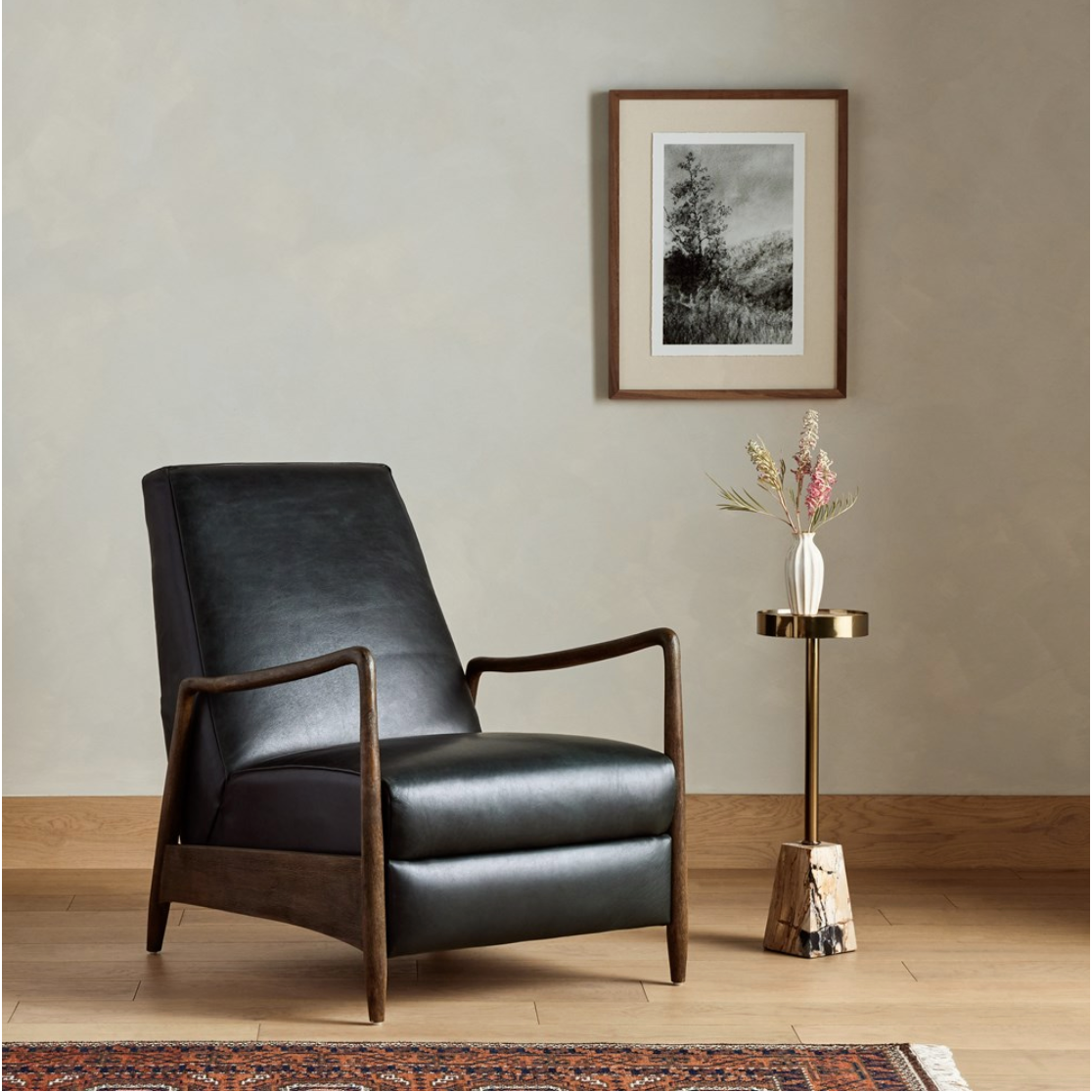 The craftsmanship of the sophisticated Braden Recliner seen here in Dakota Black is second to none. With its soft leather and silhouette, this recliner will look great in your main living space or office. Amethyst Home provides interior design, new home construction design consulting, vintage area rugs, and lighting in the Park City metro area.