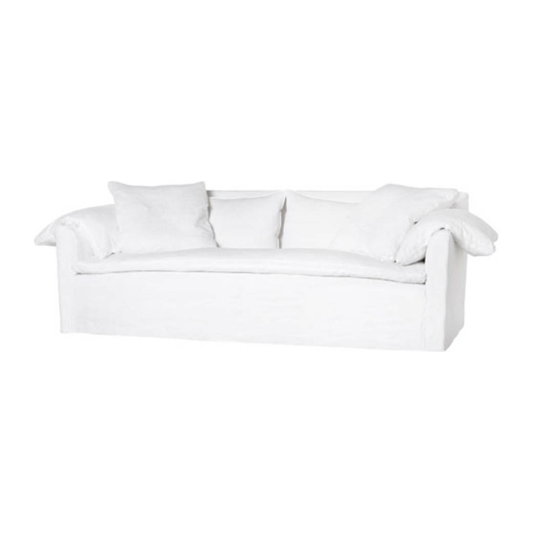 This cozy Donato Sofa from Cisco Brothers is our favorite!  As shown slipcovered in Mariet White 100% linen fabric.  97"w x 32"h x 41"d Seat Space: 85"w x 24"d x 16"h