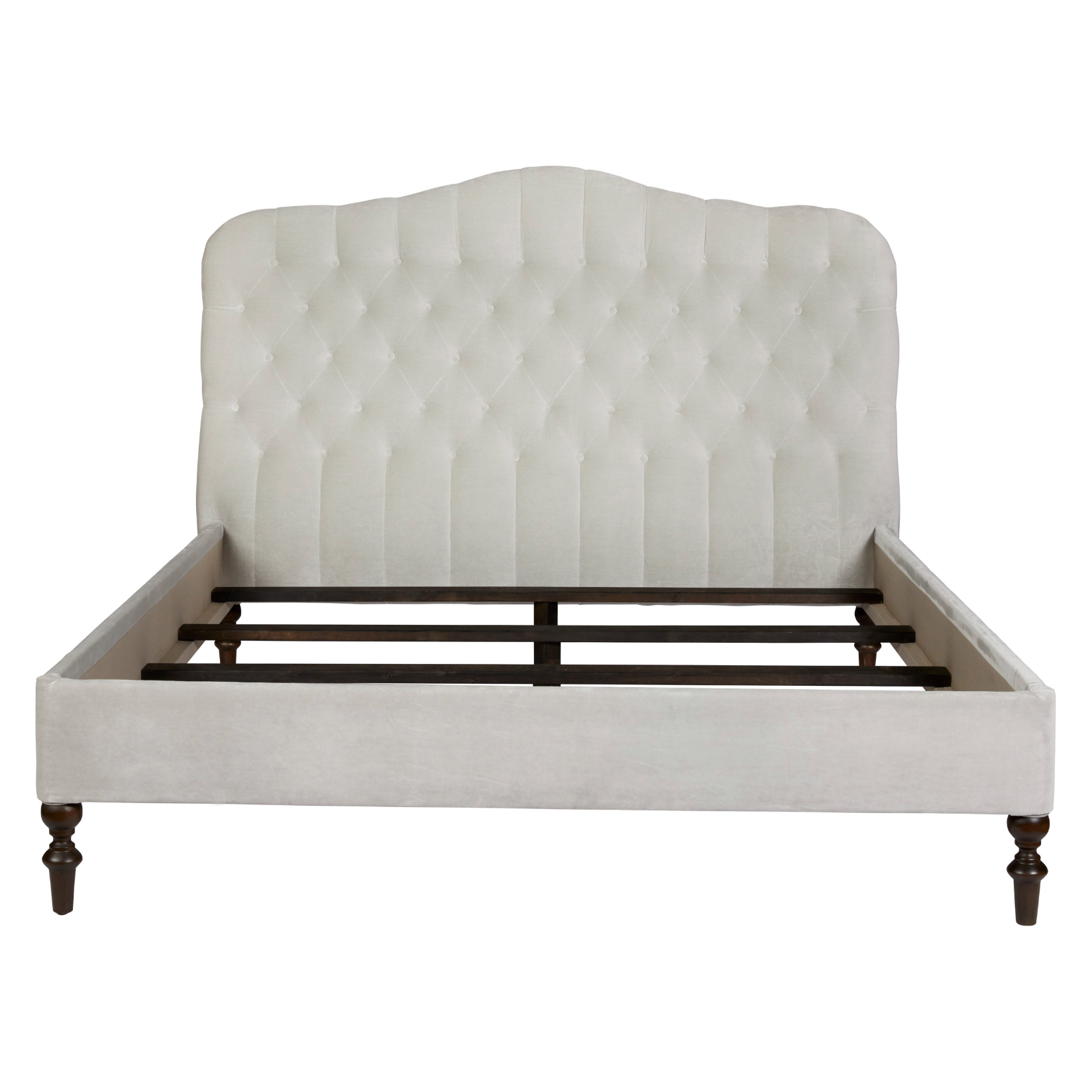 Featuring O'Hara Upholstered Bed by Cisco Brothers at Amethyst Home. Heavy on the elegance with an east-coast vibe! This camelback, button-tufted bed in a light textural grey also features turned legs and upholstered side rails for added interest. 
Queen Dimensions: 67"w x 60"h x 89"dSide Rails: 18"Slat Height: 11.25"Footboard: 18"Mattress Space: 62"w x 81"dBo.  Amethyst Home provides interior design, new home construction design consulting, vintage area rugs, and lighting in the Tampa metro area.