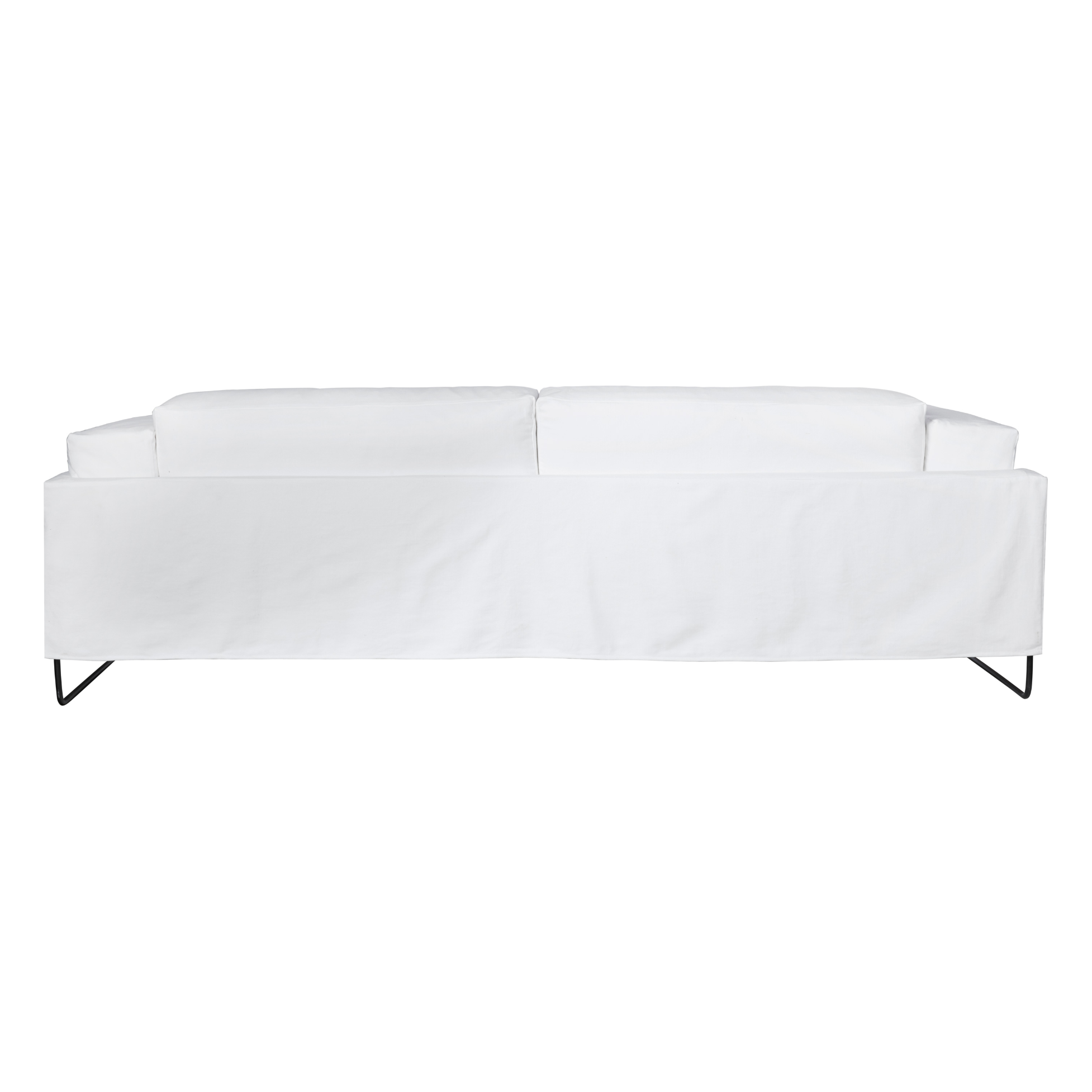 The gorgeous Allister slipcovered sofa by Cisco Brothers is chic and dreamy. The chunky pillows are so much fun with this silhouette. This sofa is photographed in Molino White fabric.  Dimensions: 101"w X 40"d X 24"h Seat dimensions: 77"w X 27"d  Support: webbing, stitch: Blind Leg: Base-metal  Note: Feather & Down included upon a black rust metal base