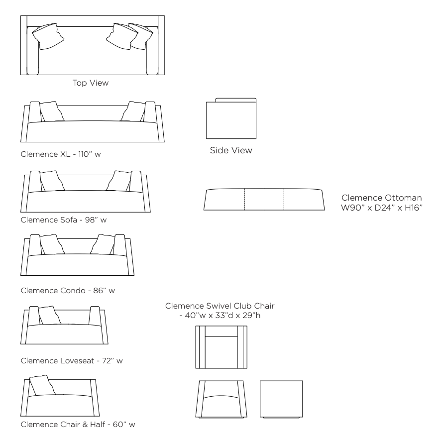 Bench-crafted with a sustainably harvested hardwood frame in our North Carolina atelier, our Clemence Sofa Family comes with the following:  • Foam and Fiber Seat Construction • Tight Seat • Tight Back with Springs • Double Needle • Quilted Detail Only Available in Leather • Upholstered only • Knife Edge Toss • Tapered Arm Pillows • Sits on Glides • Available as a Sectional Without Quilting Only