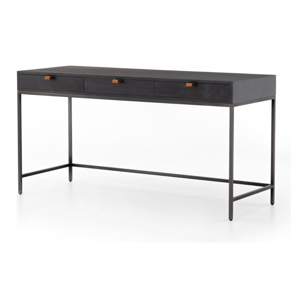 Featuring Trey Modular Writing Desk - Black Wash Poplar by Four Hands at Amethyst Home. The Trey Black Wash Poplar Modular Writing Desk sleek and simple, black-finished poplar offers plenty of desk storage by way of three spacious drawers. Metal-secured pulls of top-grain leather add a textural element of surprise. Great solo or paired with matching corner.  Amethyst Home provides interior design, new home construction design consulting, vintage area rugs, and lighting in the San Diego metro area.