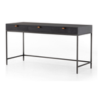 Featuring Trey Modular Writing Desk - Black Wash Poplar by Four Hands at Amethyst Home. The Trey Black Wash Poplar Modular Writing Desk sleek and simple, black-finished poplar offers plenty of desk storage by way of three spacious drawers. Metal-secured pulls of top-grain leather add a textural element of surprise. Great solo or paired with matching corner.  Amethyst Home provides interior design, new home construction design consulting, vintage area rugs, and lighting in the San Diego metro area.