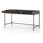 Featuring Trey Modular Writing Desk - Black Wash Poplar by Four Hands at Amethyst Home. The Trey Black Wash Poplar Modular Writing Desk sleek and simple, black-finished poplar offers plenty of desk storage by way of three spacious drawers. Metal-secured pulls of top-grain leather add a textural element of surprise. Great solo or paired with matching corne.  Amethyst Home provides interior design, new home construction design consulting, vintage area rugs, and lighting in the Des Moines metro area.
