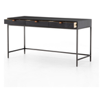 Featuring Trey Modular Writing Desk - Black Wash Poplar by Four Hands at Amethyst Home. The Trey Black Wash Poplar Modular Writing Desk sleek and simple, black-finished poplar offers plenty of desk storage by way of three spacious drawers. Metal-secured pulls of top-grain leather add a textural element of surprise. Great solo or paired with matching corne.  Amethyst Home provides interior design, new home construction design consulting, vintage area rugs, and lighting in the Washington metro area.