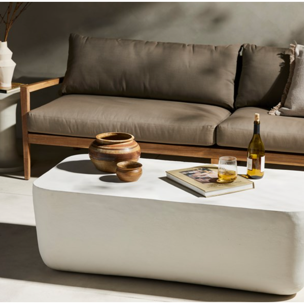 With organic curved edges and a hollow metal profile, this Basil coffee table is an Amethyst favorite.  Easy to wipe and we love how the modern look pops against your favorite seasonal flowers. Amethyst Home provides interior design, new home construction design consulting, vintage area rugs, and lighting in the Houston metro area.