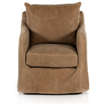 The Freddy Leather Swivel Chair is a slipcovered, leather swivel chair -- perfect for moody rooms. The chair features a comfortable, plush back and supportive seat. Please expect natural distressing. Amethyst Home provides interior design, new home construction design consulting, vintage area rugs, and lighting in the Portland metro area.