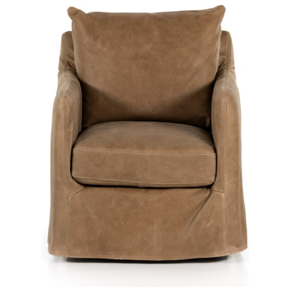 The Freddy Leather Swivel Chair is a slipcovered, leather swivel chair -- perfect for moody rooms. The chair features a comfortable, plush back and supportive seat. Please expect natural distressing. Amethyst Home provides interior design, new home construction design consulting, vintage area rugs, and lighting in the Portland metro area.