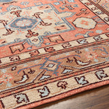 Experience the luxurious vintage vibes of the Kars Rug! With a rich warm color pallet featuring coral undertones, contrasting pale blue and tan details, and classic Moroccan inspired patterns, this timeless statement piece adds a unique touch to any room. Amethyst Home provides interior design, new construction, custom furniture, and area rugs in the Dallas metro area. KSA-2305