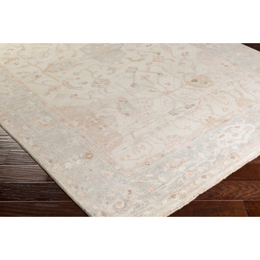 Featuring Normandy Natural / Ocean Hand-Knotted Rug by Surya at Amethyst Home. The Normandy Collection showcases traditional inspired designs that exemplify timeless styles of elegance, comfort, and sophistication. With their hand knotted construction, these rugs provide a durability that can not be found in other handmade constructions, and boasts th.  Amethyst Home provides interior design, new home construction design consulting, vintage area rugs, and lighting in the Salt Lake City metro area.