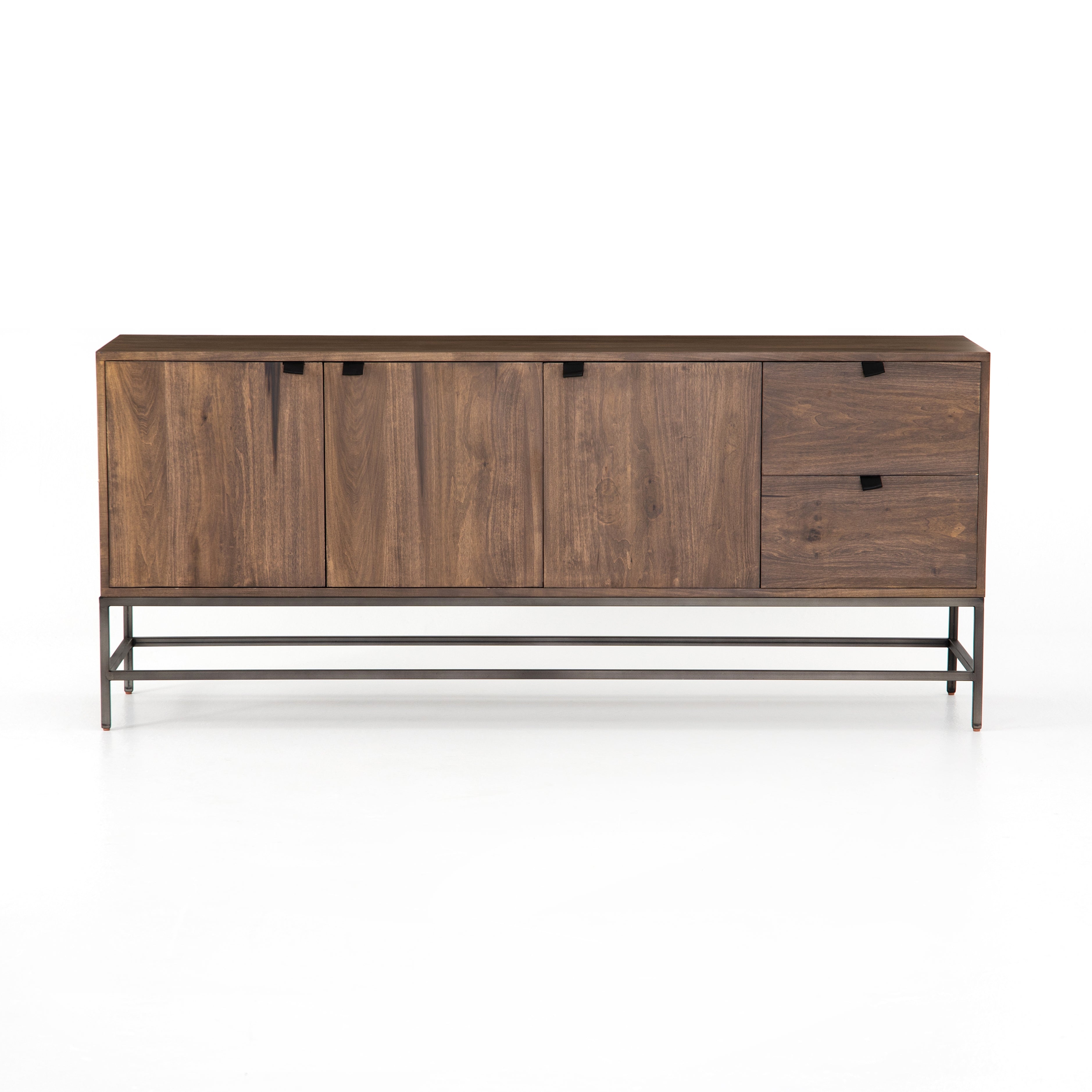 We love the clean, slim legs of this Trey Auburn Poplar Sideboard. The doors and drawers make this the perfect sideboard for families wanting extra storage space while also making a statement  Size: 72"w x 18"d x 31"h Materials: Iron, Poplar, Top Grain Leather