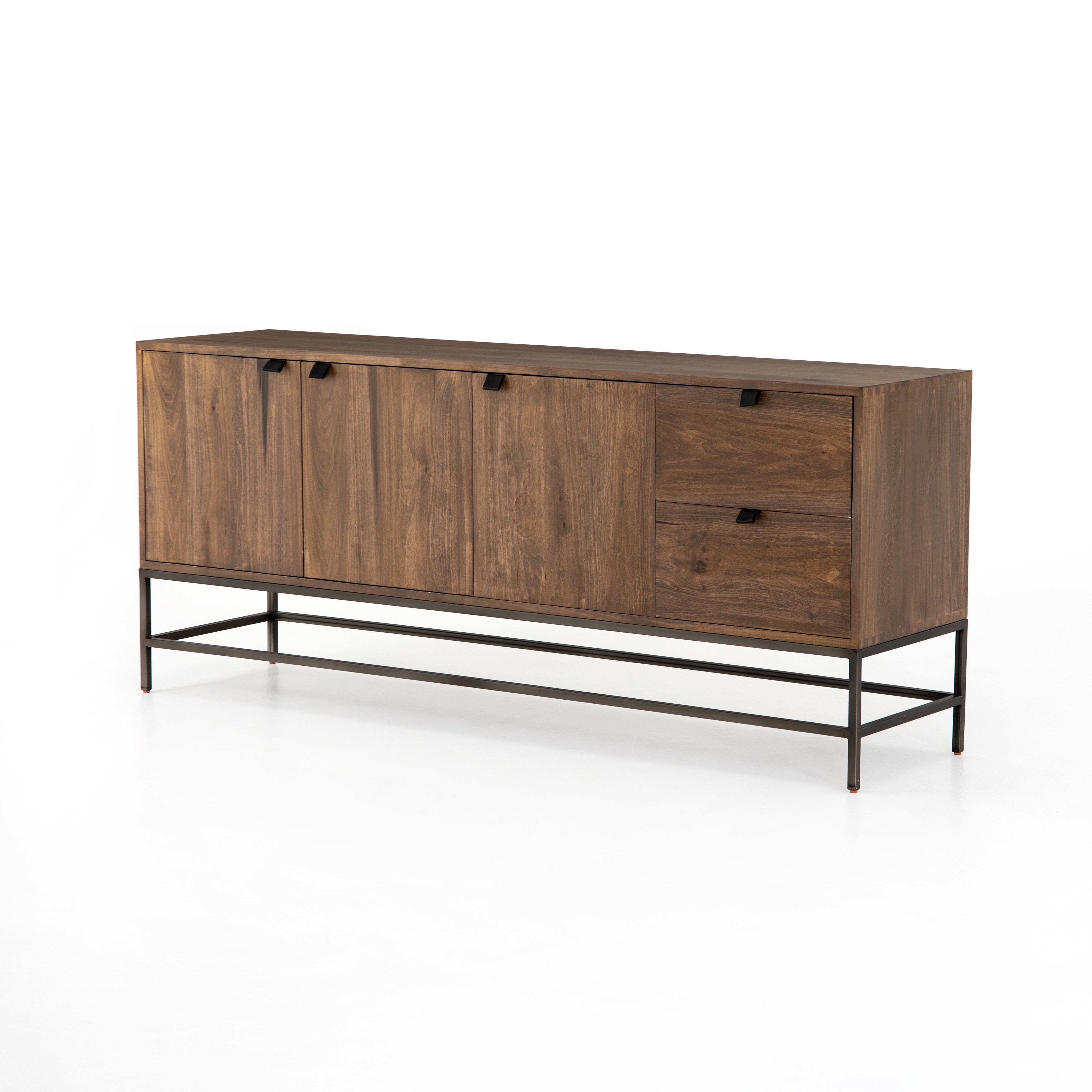 We love the clean, slim legs of this Trey Auburn Poplar Sideboard. The doors and drawers make this the perfect sideboard for families wanting extra storage space while also making a statement  Size: 72"w x 18"d x 31"h Materials: Iron, Poplar, Top Grain Leather