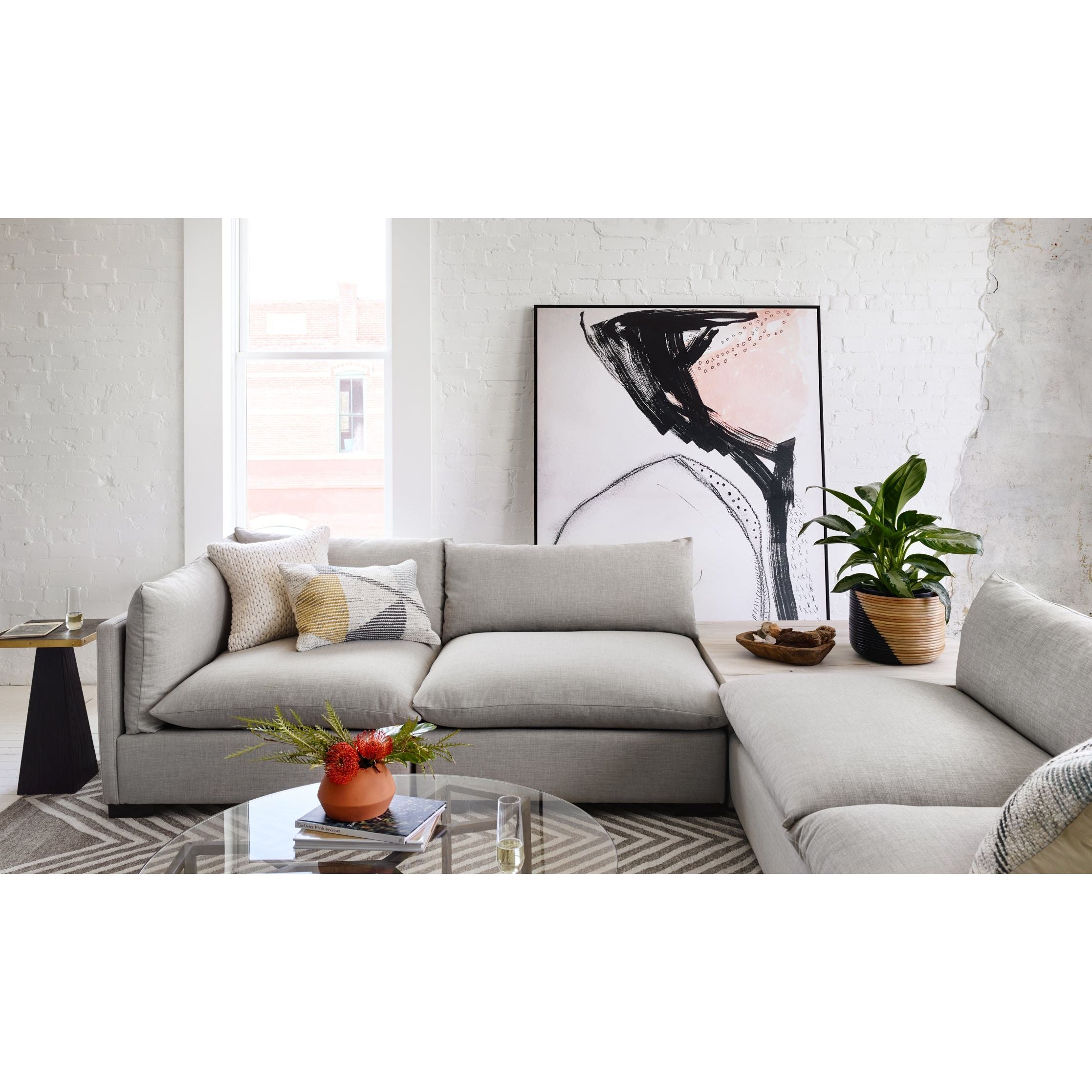 We love the durability in the Westwood Bennett Moon Sectional Pieces. This is the ultimate low-and-deep lounger, perfect for curling up to read your favorite book in. Amethyst Home provides interior design, new home construction design consulting, vintage area rugs, and lighting in the Alpharetta metro area.