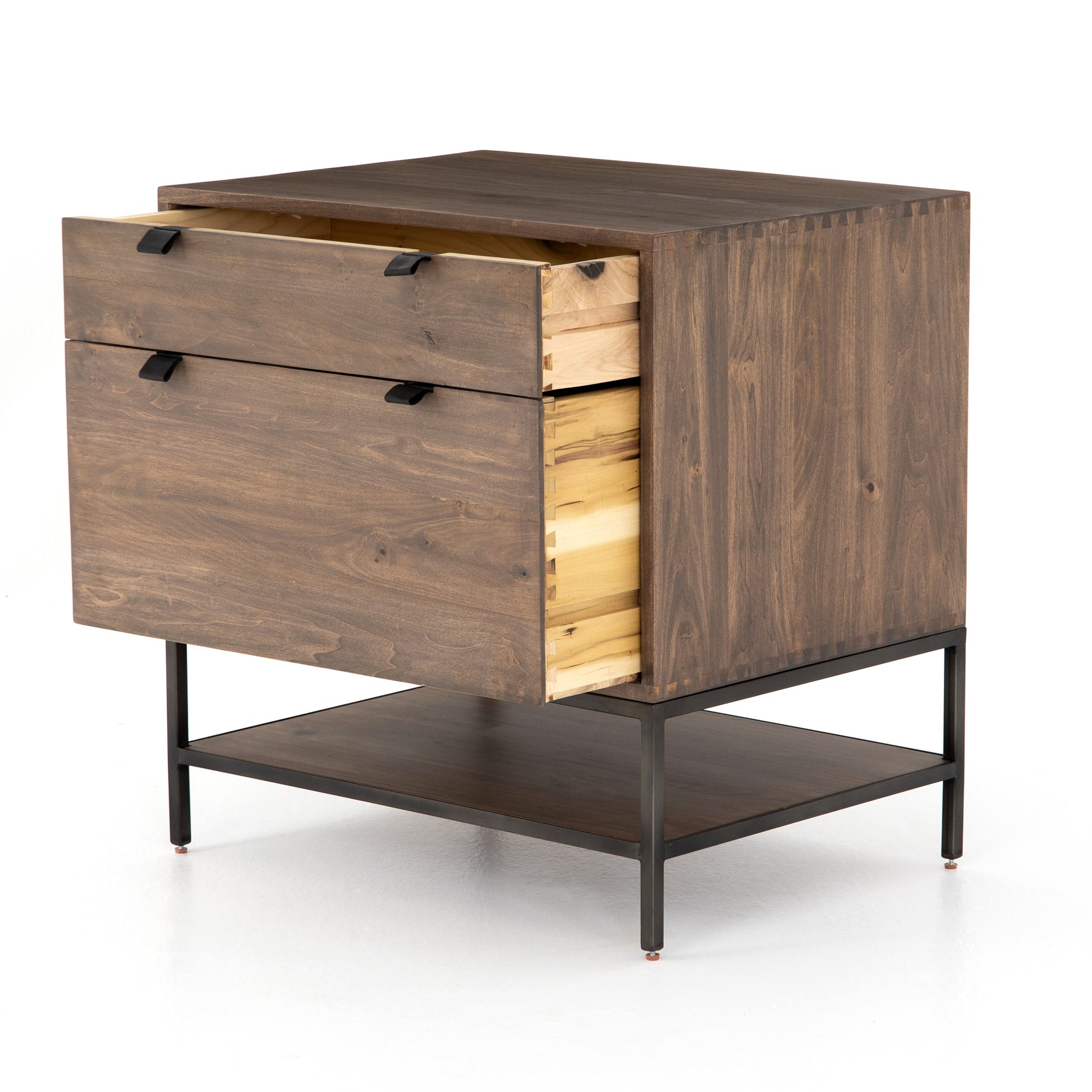 Inspired by clean mid-century design, the Trey Modular Filing Cabinet offers plenty of extra desk storage space. The cabinet is available in two colors, Auburn Poplar and a Black Wash Poplar. Metal-secured leather pulls add a textural element of surprise. Great solo or paired with matching desk or credenza.