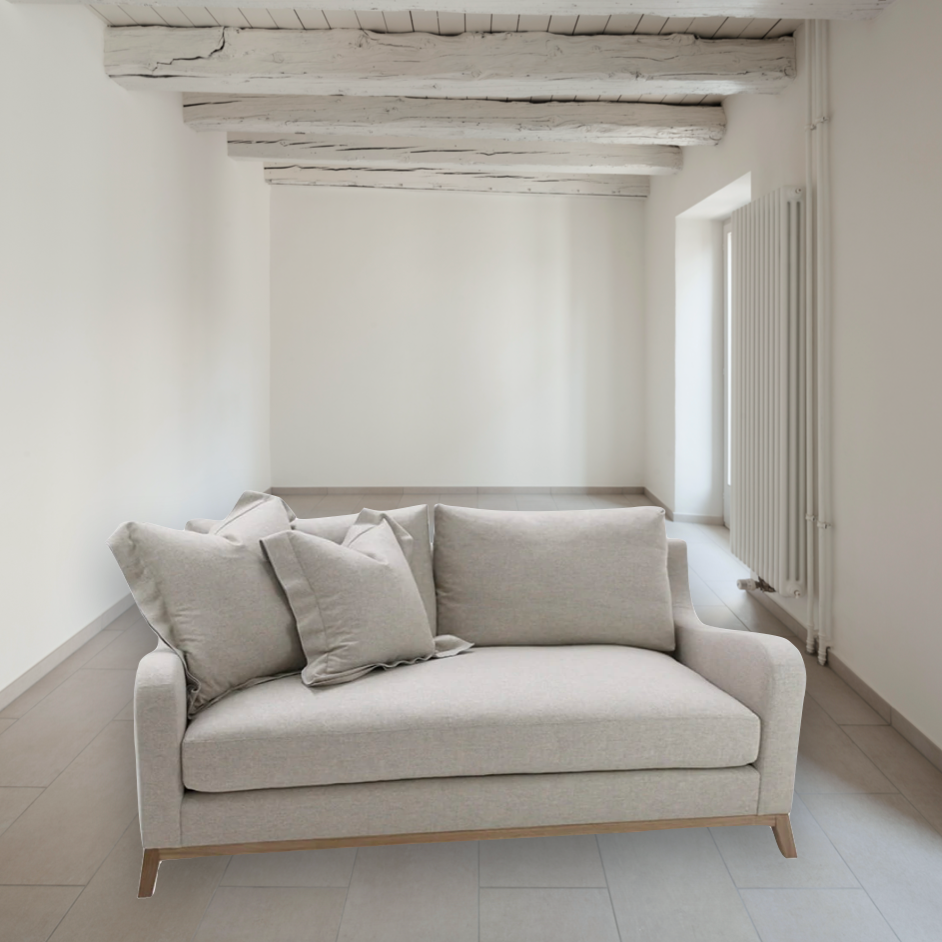 A Verellen classic, the June Sofa Family has a short back going into an attractive curved arm shape. The angled legs give us a contemporary feel and will be a family favorite for years to come. This sofa family features:  Spring down seat construction Boxed style back pillows Loose bench style seat cushion Knife edge toss pillows 5 1/2″ H wood base