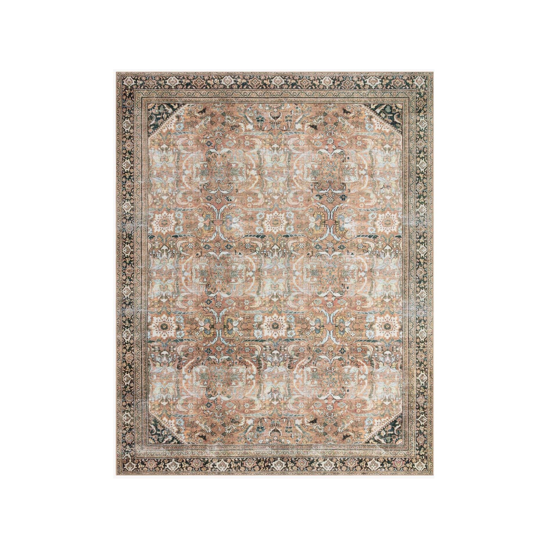 The Wynter Auburn / Multi area rug showcases a one-of-a-kind vintage or antique area rug look power-loomed of 100% polyester. This rug brings in tones of orange, brown, black, and hints of blue. The rug is ideal for high traffic areas such as living rooms, dining rooms, kitchens, hallways, and entryways.