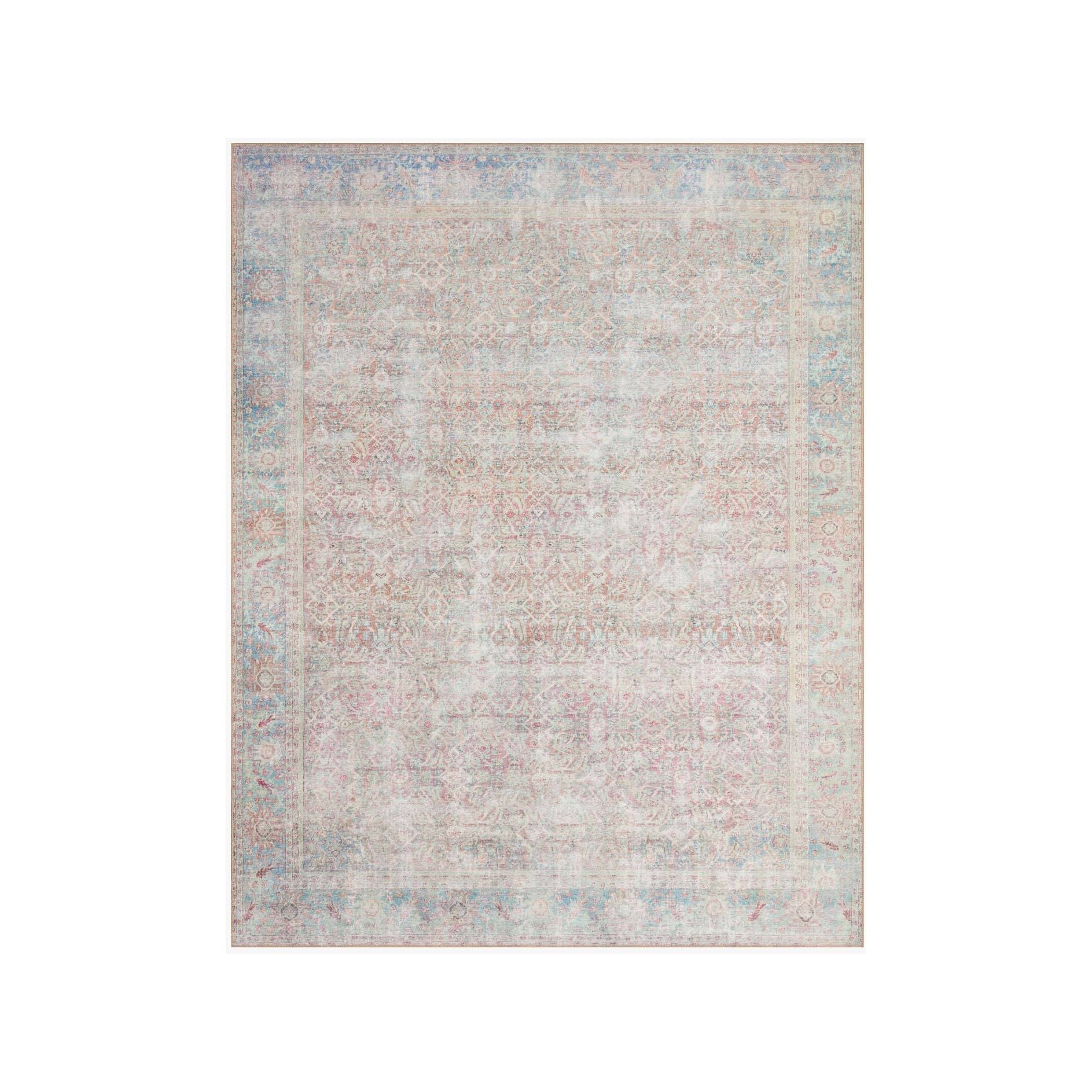 The Wynter Red / Teal area rug showcases a one-of-a-kind vintage or antique area rug look power-loomed of 100% polyester. This rug brings in tones of pink, ivory, and blue. The rug is ideal for high traffic areas due to the rug's durability for living rooms, dining rooms, kitchens, hallways, and entryways.